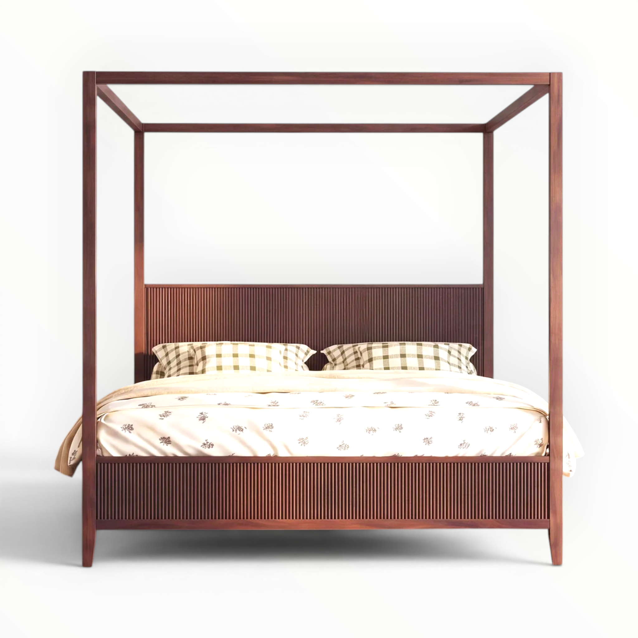 Wooden canopy bed with checkered pillows on a white background