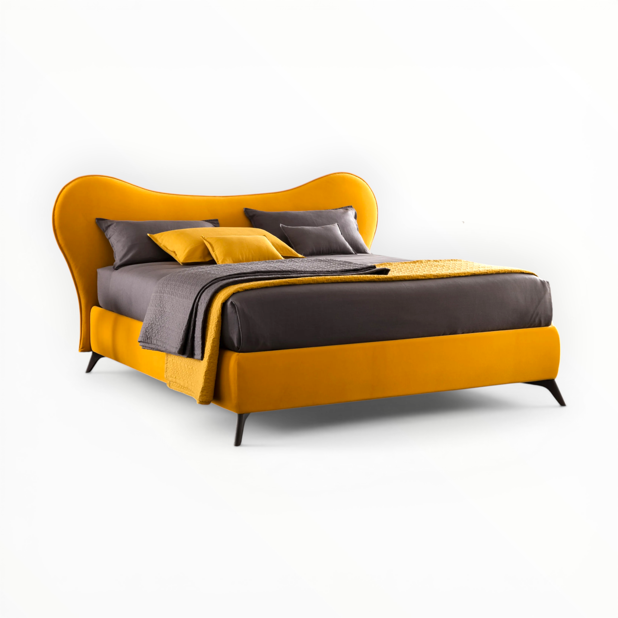 Modern bed with yellow frame and gray bedding on a white background