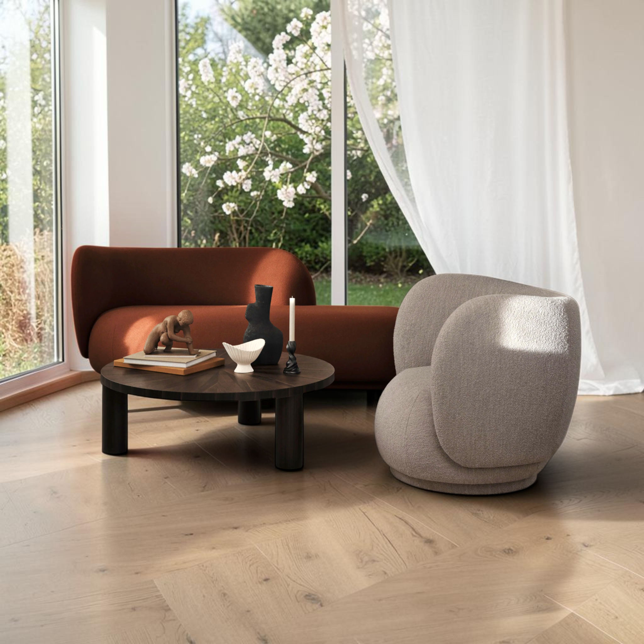 Milano upholstered day bed in living room setting with lounge chair and coffee table – Woodkraft Studio Hyderabad