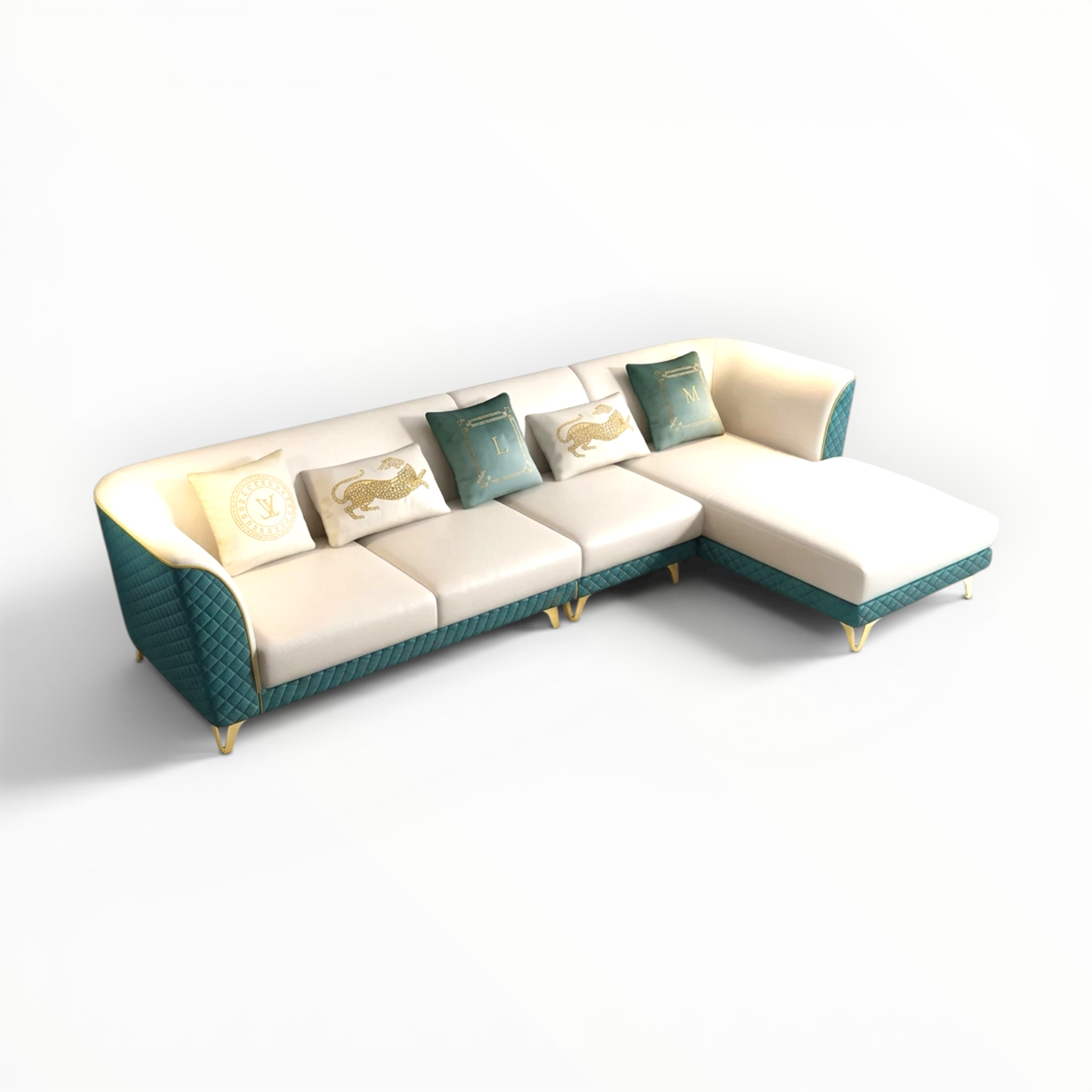 Sectional sofa with teal and beige cushions on a white background