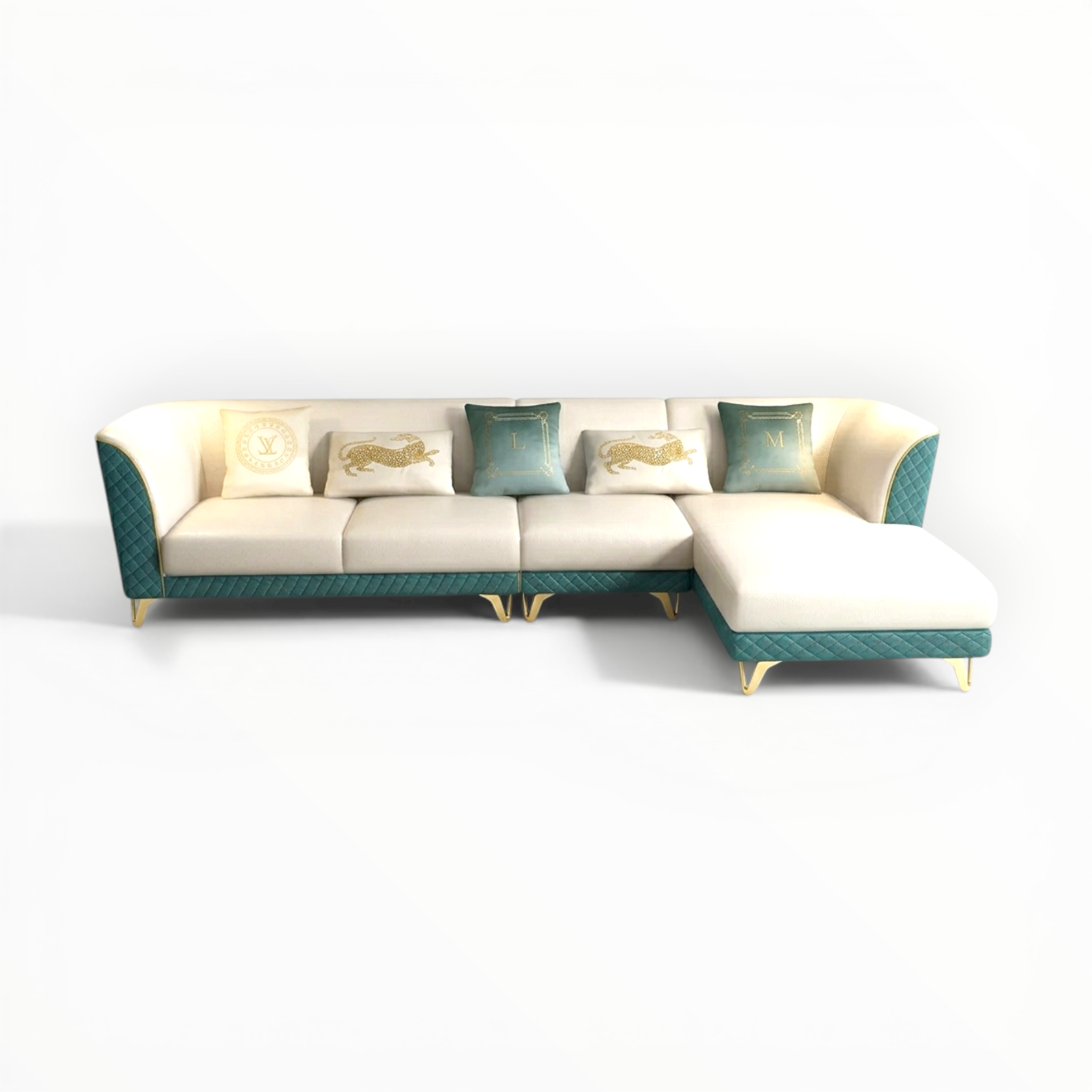 White and teal sectional sofa with decorative pillows on a white background