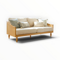 Mist teakwood 3 seater sofa with PVC rattan side panels – front view – Woodkraft Studio Hyderabad