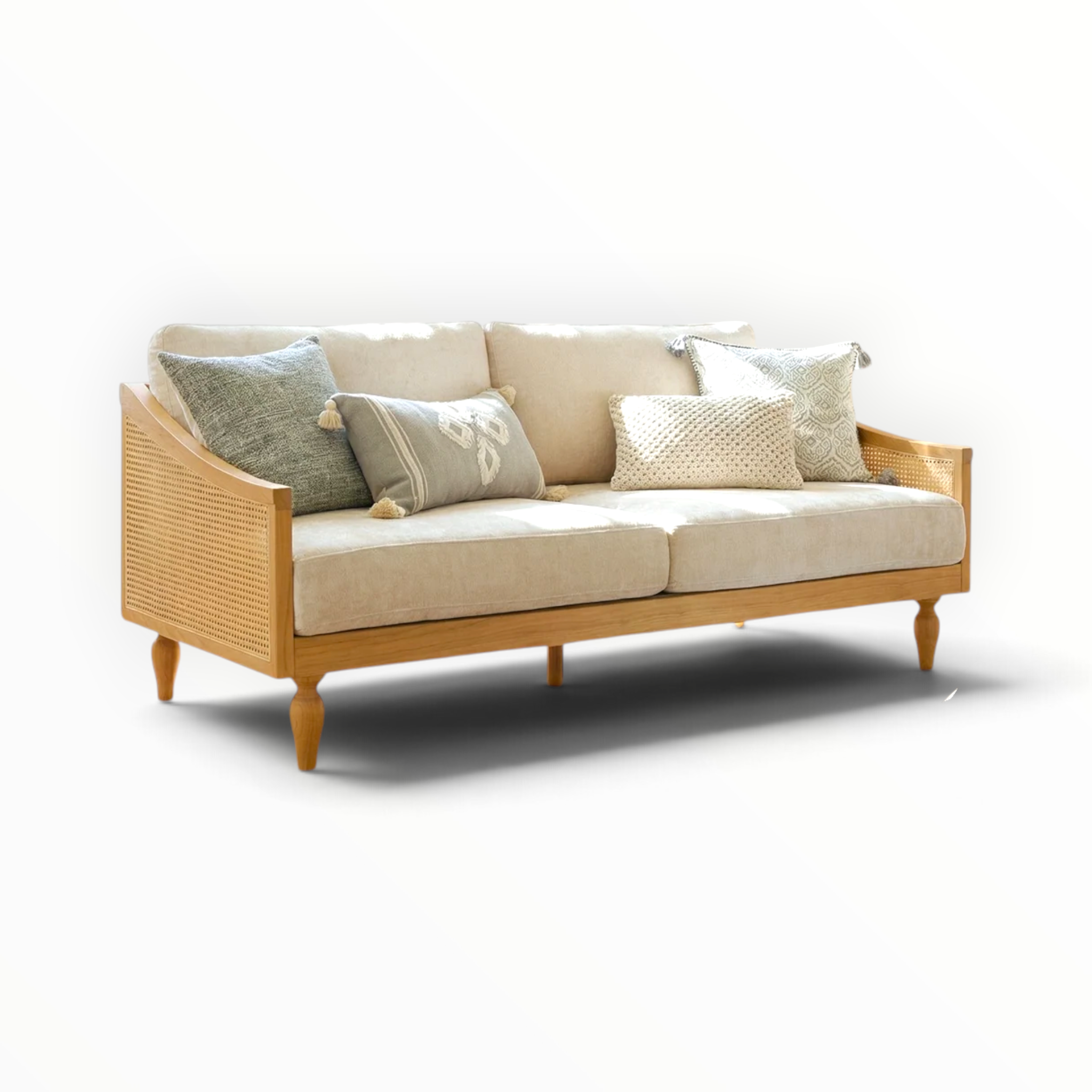 Mist teakwood 3 seater sofa with PVC rattan side panels – front view – Woodkraft Studio Hyderabad