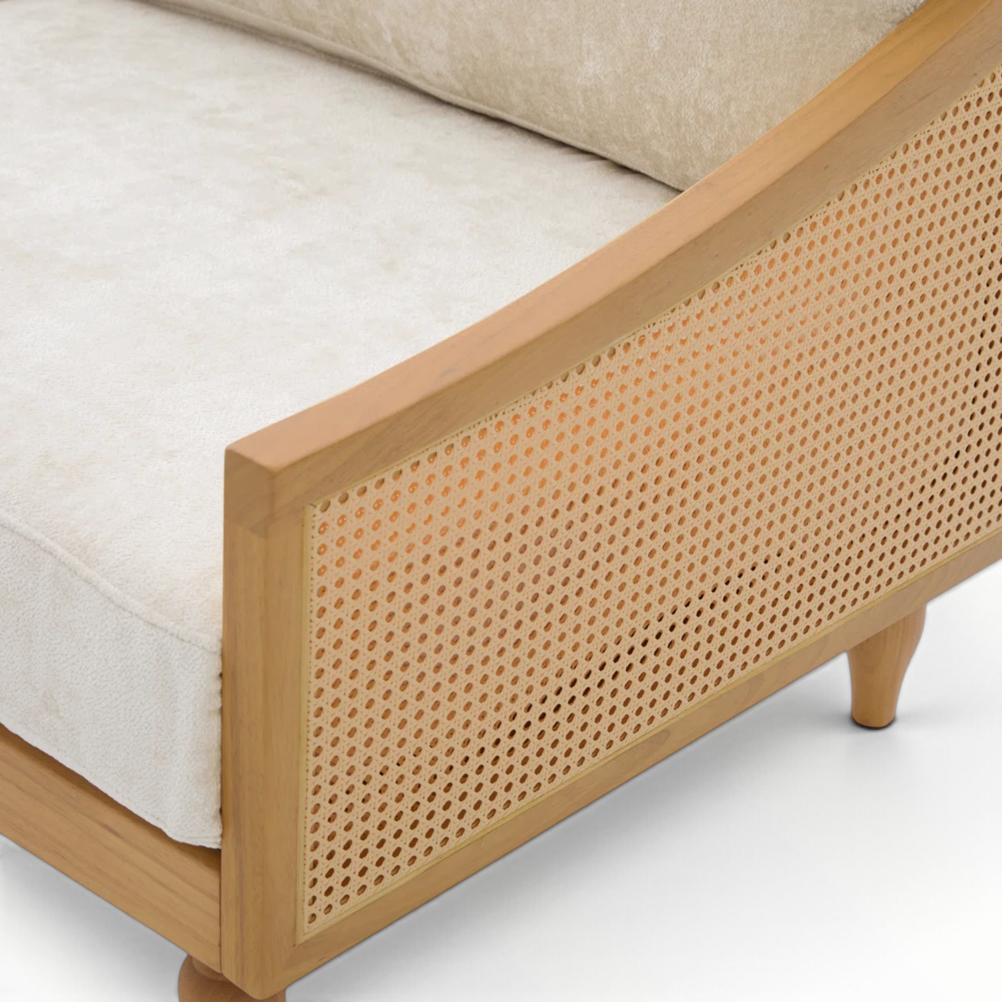 Mist sofa rattan side panel close-up – cream upholstery – Woodkraft Studio Hyderabad