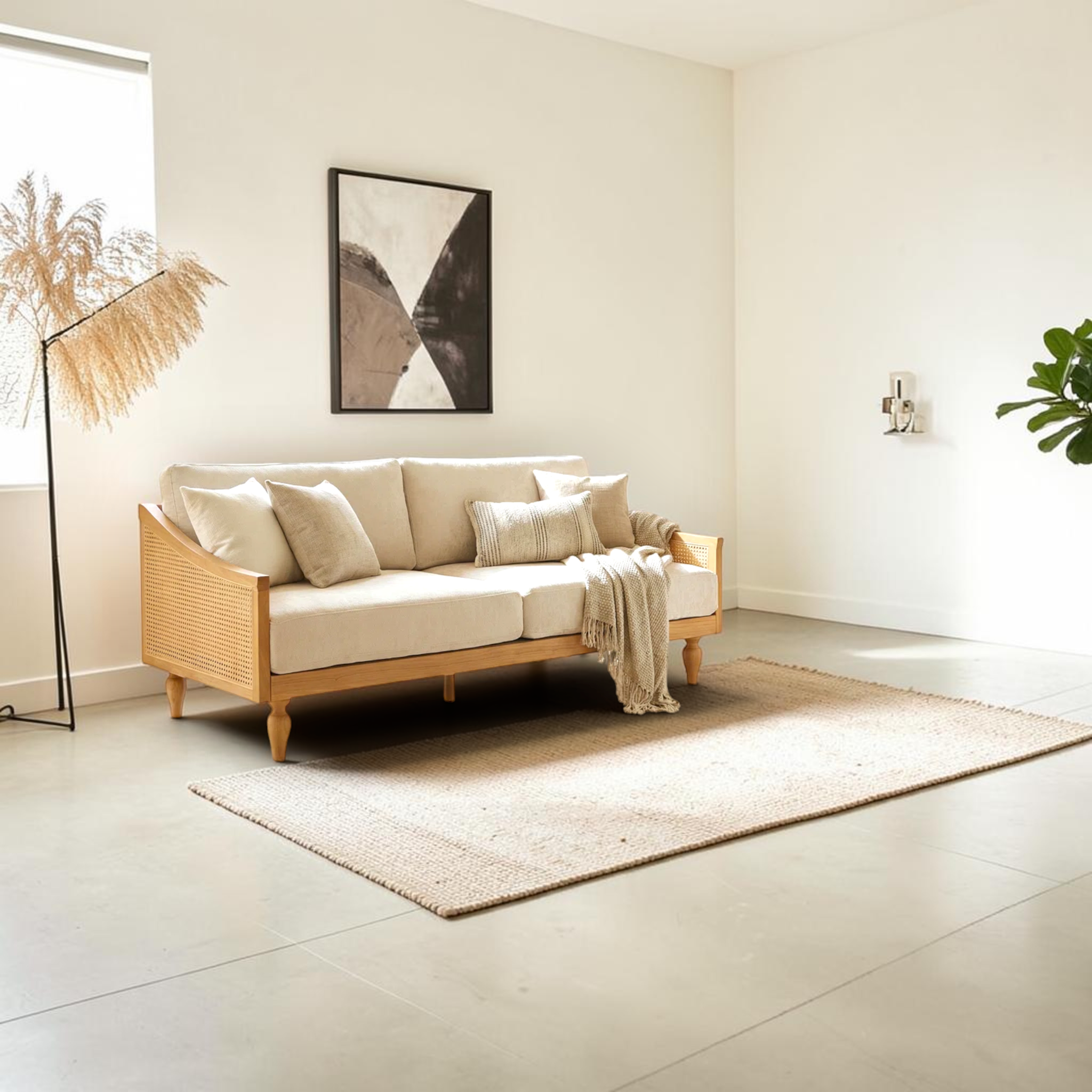 Mist 3 seater sofa in living room setting – natural teakwood frame with cream cushions – Woodkraft Studio Hyderabad