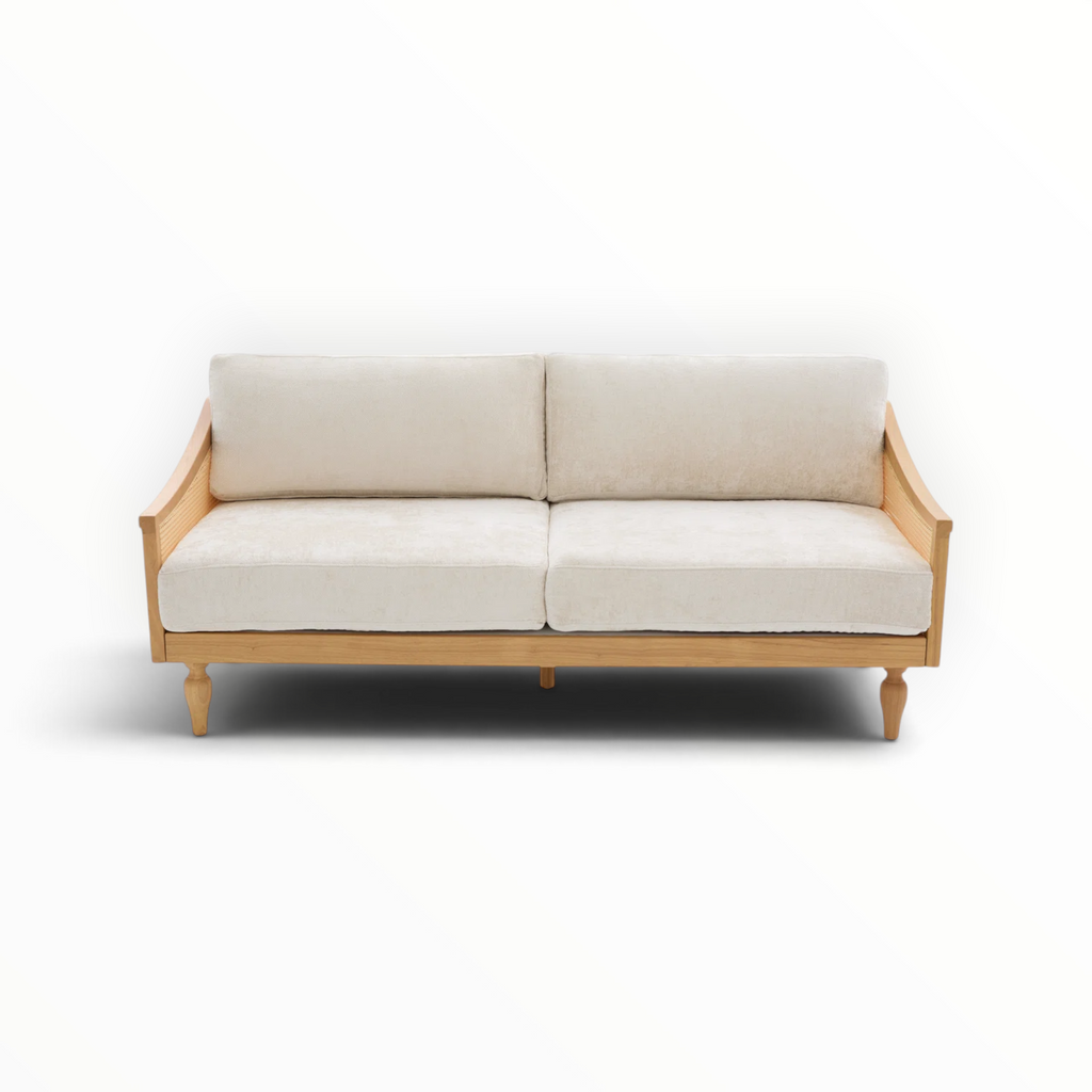 Mist teakwood sofa front view – cream fabric cushions with rattan arms – Woodkraft Studio Hyderabad