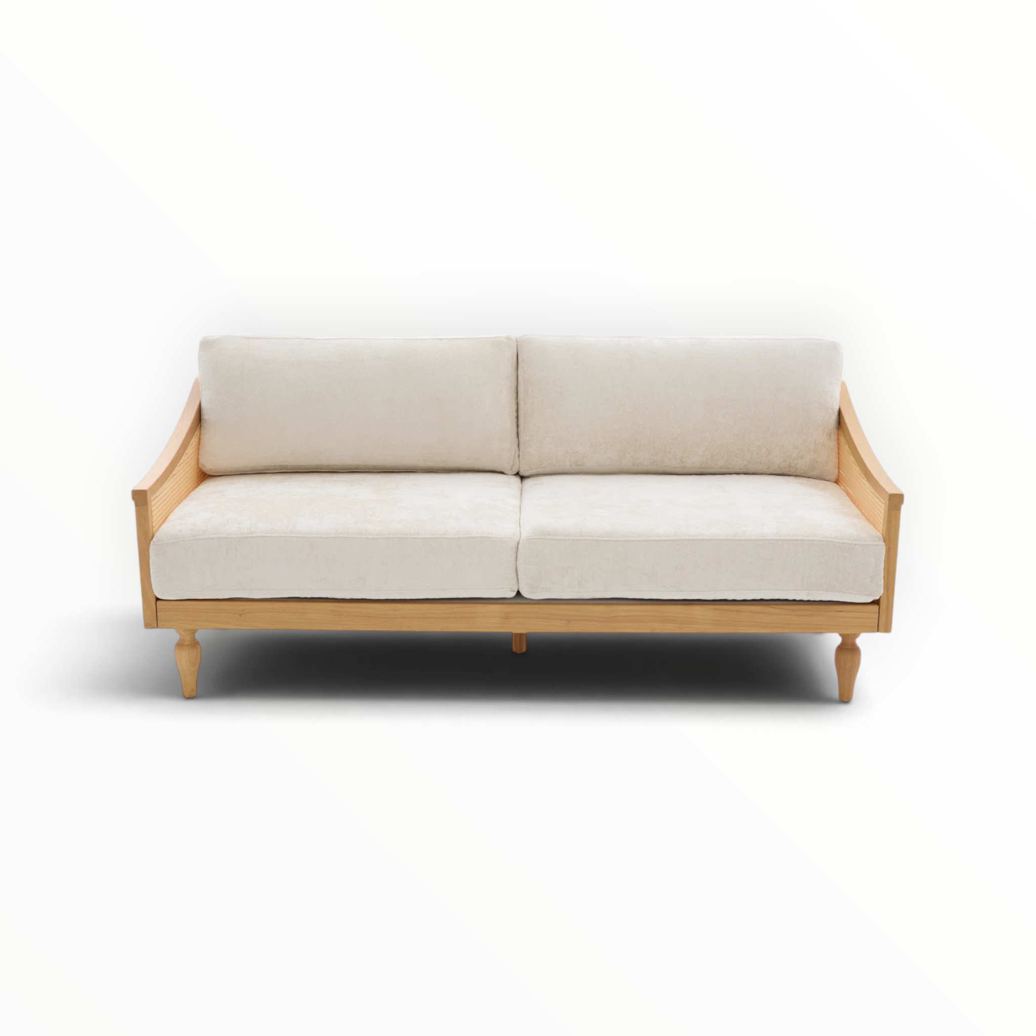 Mist teakwood sofa front view – cream fabric cushions with rattan arms – Woodkraft Studio Hyderabad