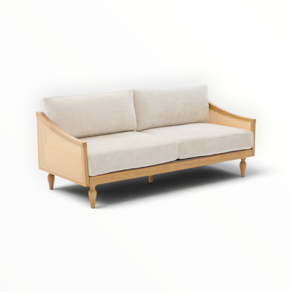 Mist sofa angled view – PVC rattan panels and turned teakwood legs – Woodkraft Studio Hyderabad