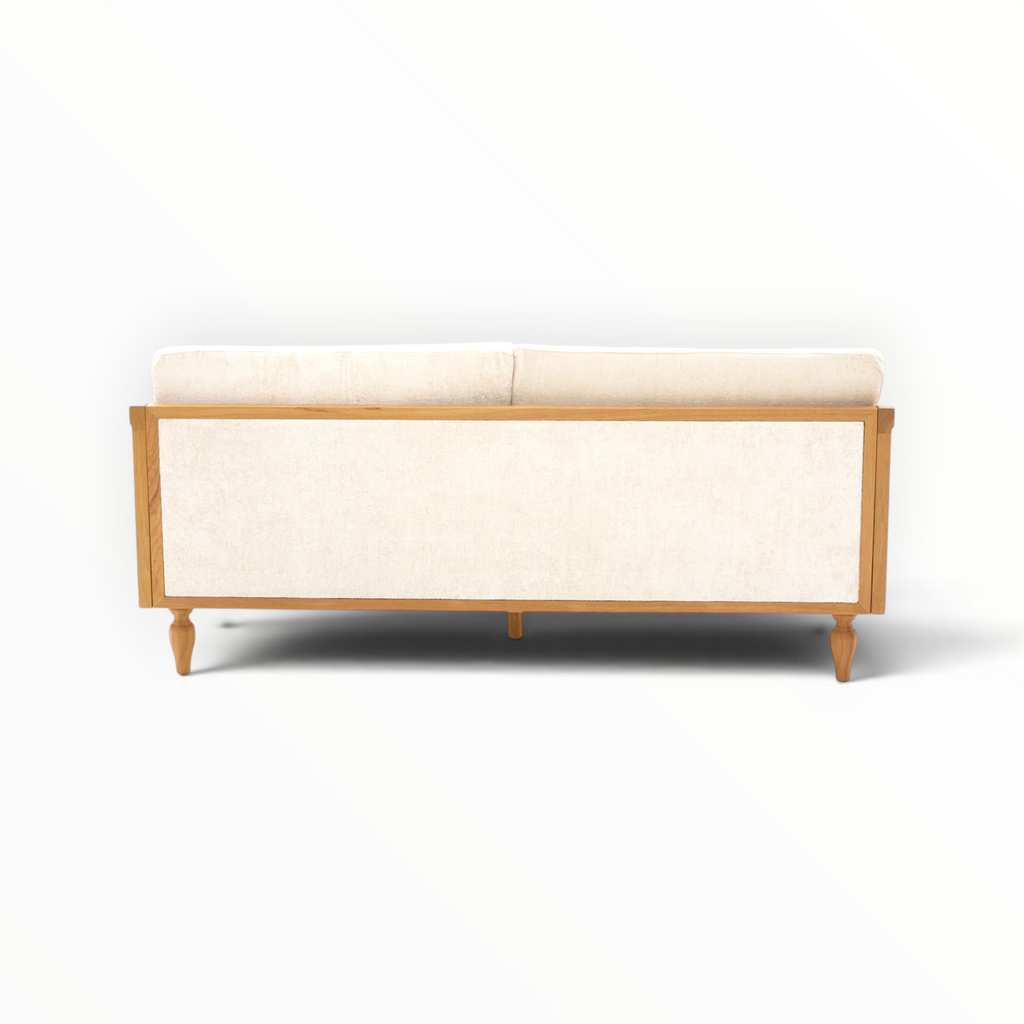 Mist sofa rear view – upholstered back panel – solid teakwood frame – Woodkraft Studio Hyderabad