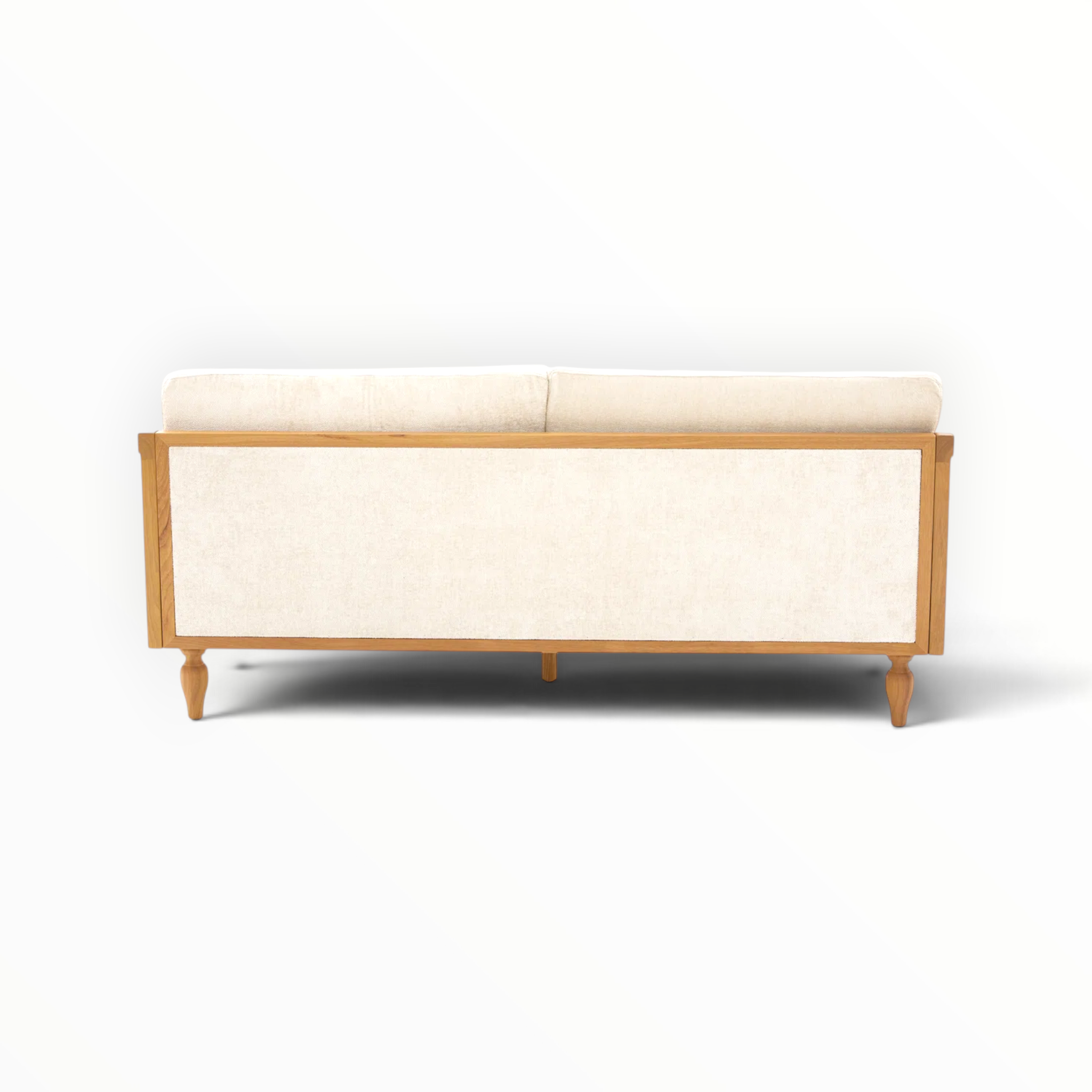 Mist sofa rear view – upholstered back panel – solid teakwood frame – Woodkraft Studio Hyderabad