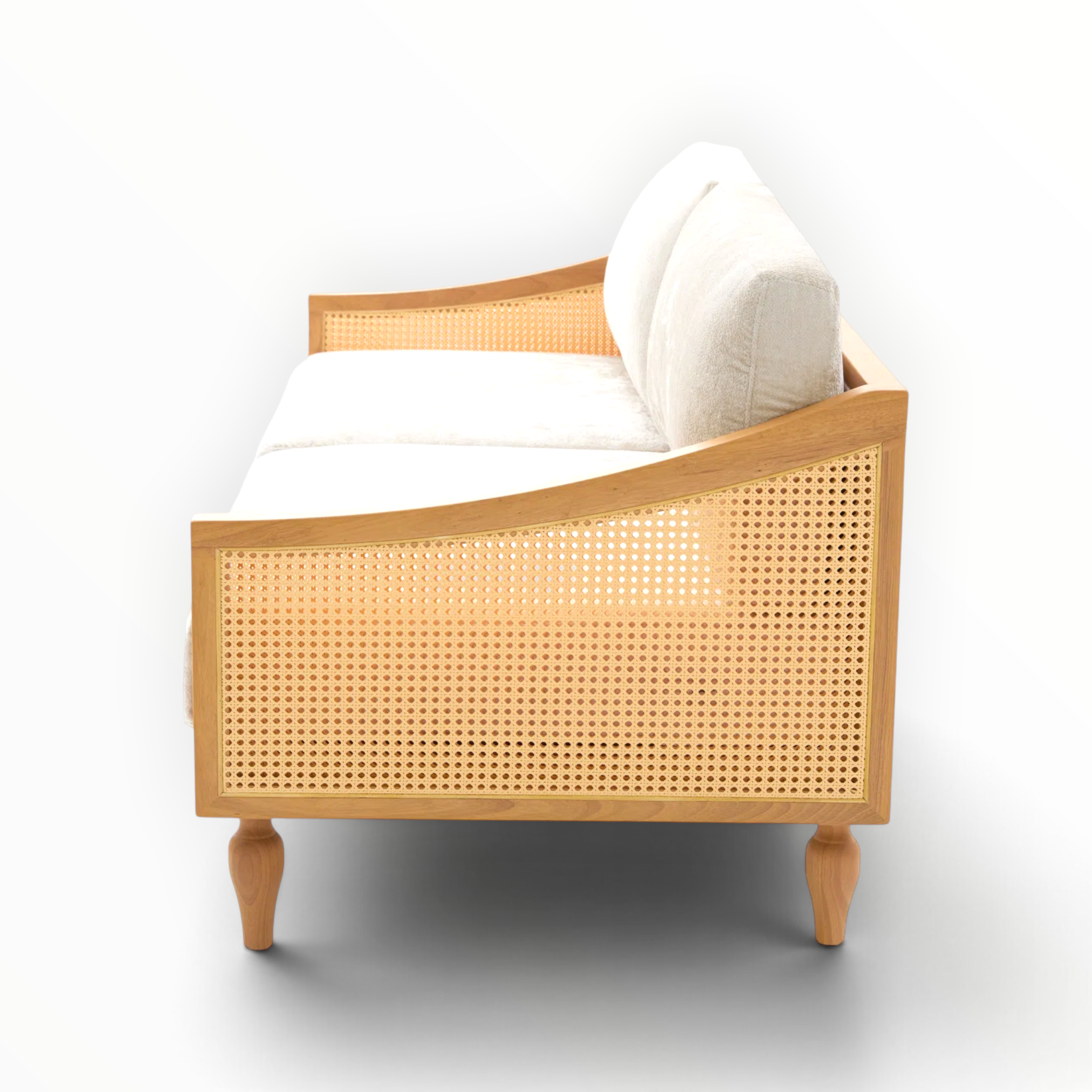 Mist sofa side profile – rattan panel with turned leg – customisable sofa Hyderabad – Woodkraft Studio