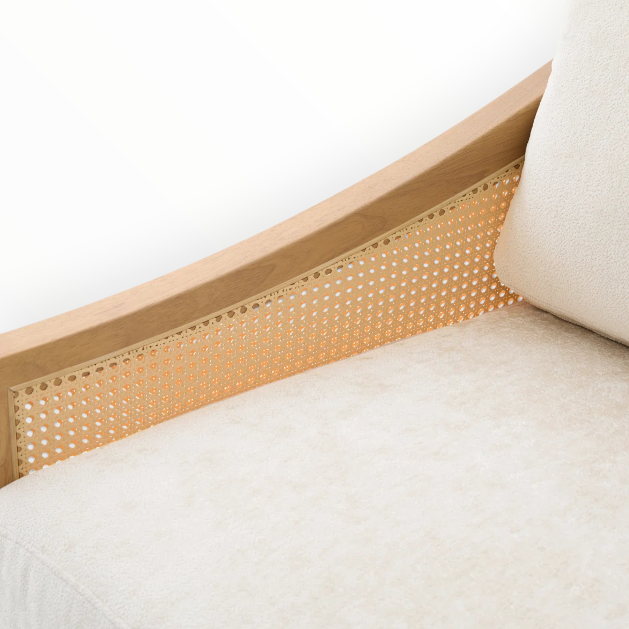 Mist sofa PVC rattan armrest panel detail – teakwood frame – Woodkraft Studio Hyderabad