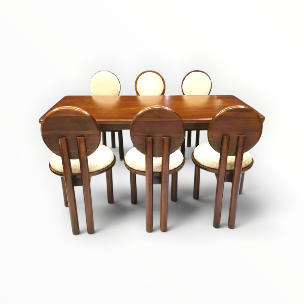 Moon 6-seater dining set with teakwood base and pinewood top, circular upholstered chair backs in cream, handcrafted in Hyderabad