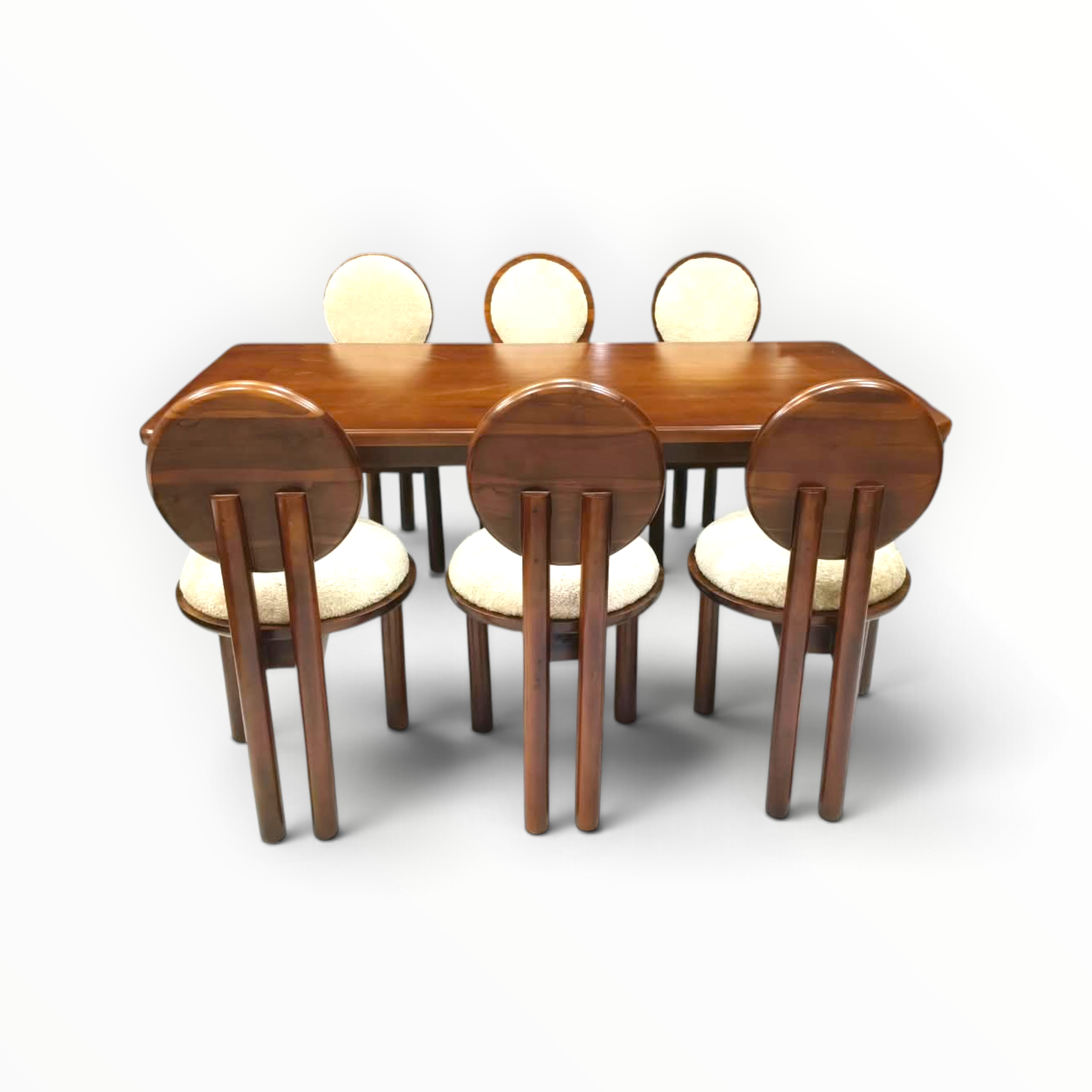 Moon 6-seater dining set with teakwood base and pinewood top, circular upholstered chair backs in cream, handcrafted in Hyderabad