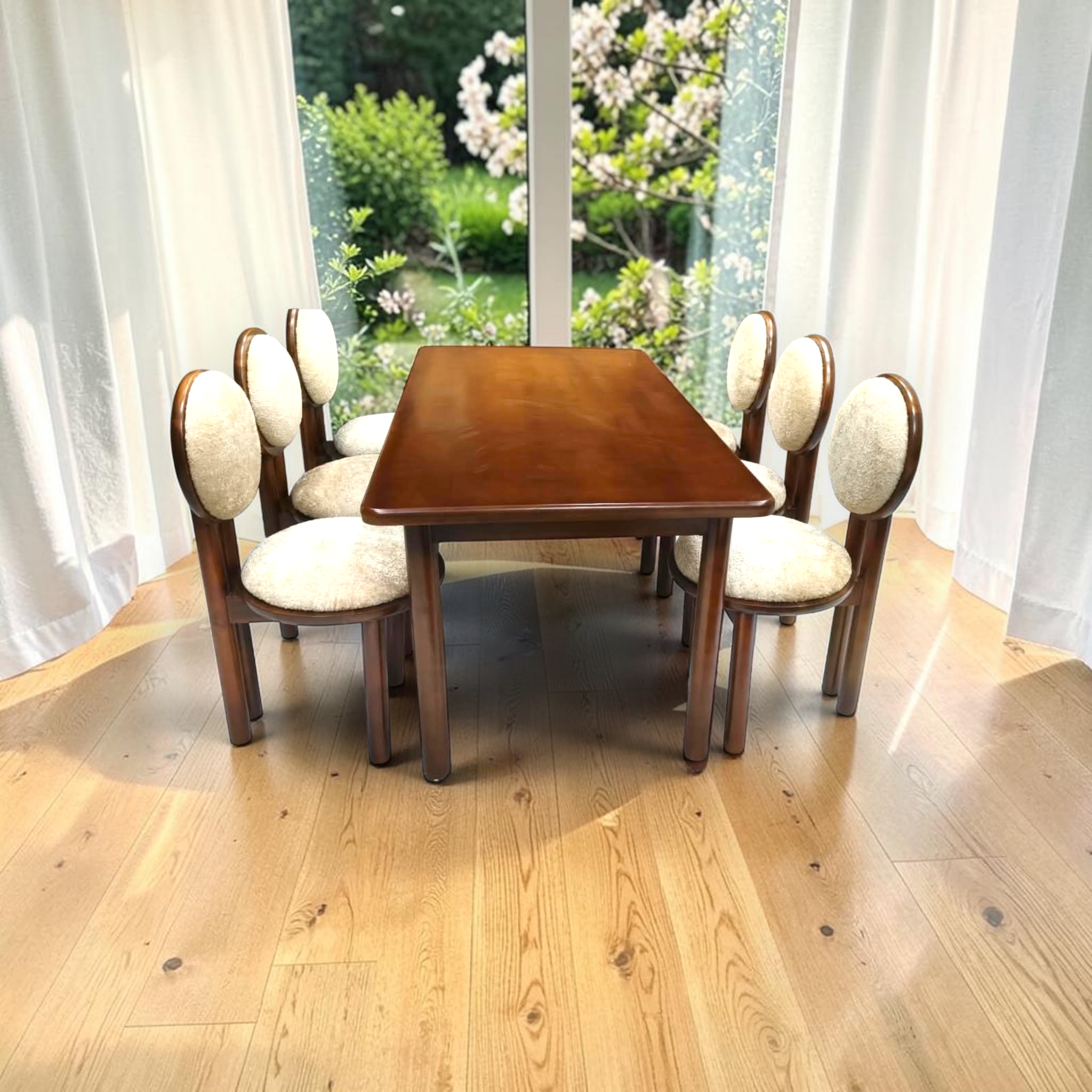 Moon 6-seater dining set in a styled room setting, teakwood chairs with cream boucle upholstery and walnut finish table, Move-In Ready Hyderabad