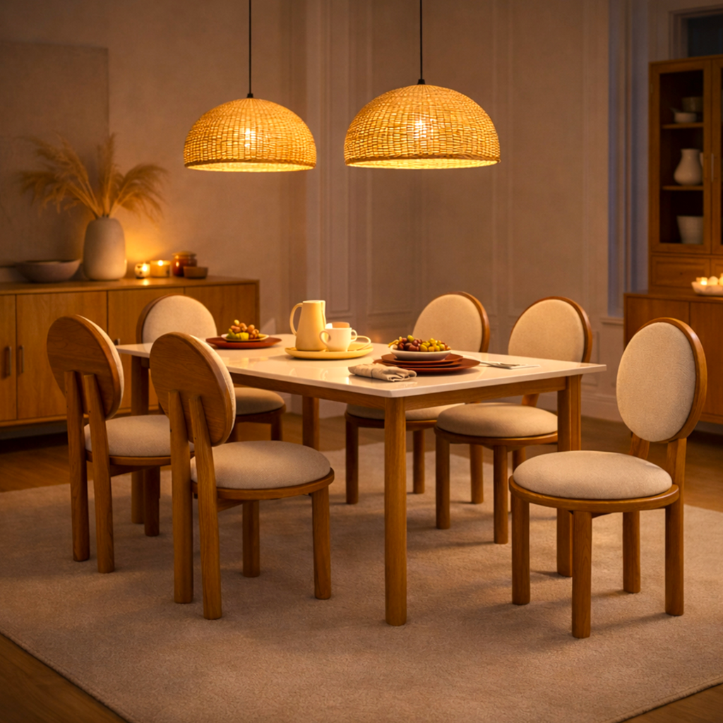 Dining room with wooden table and chairs under wicker pendant lights.