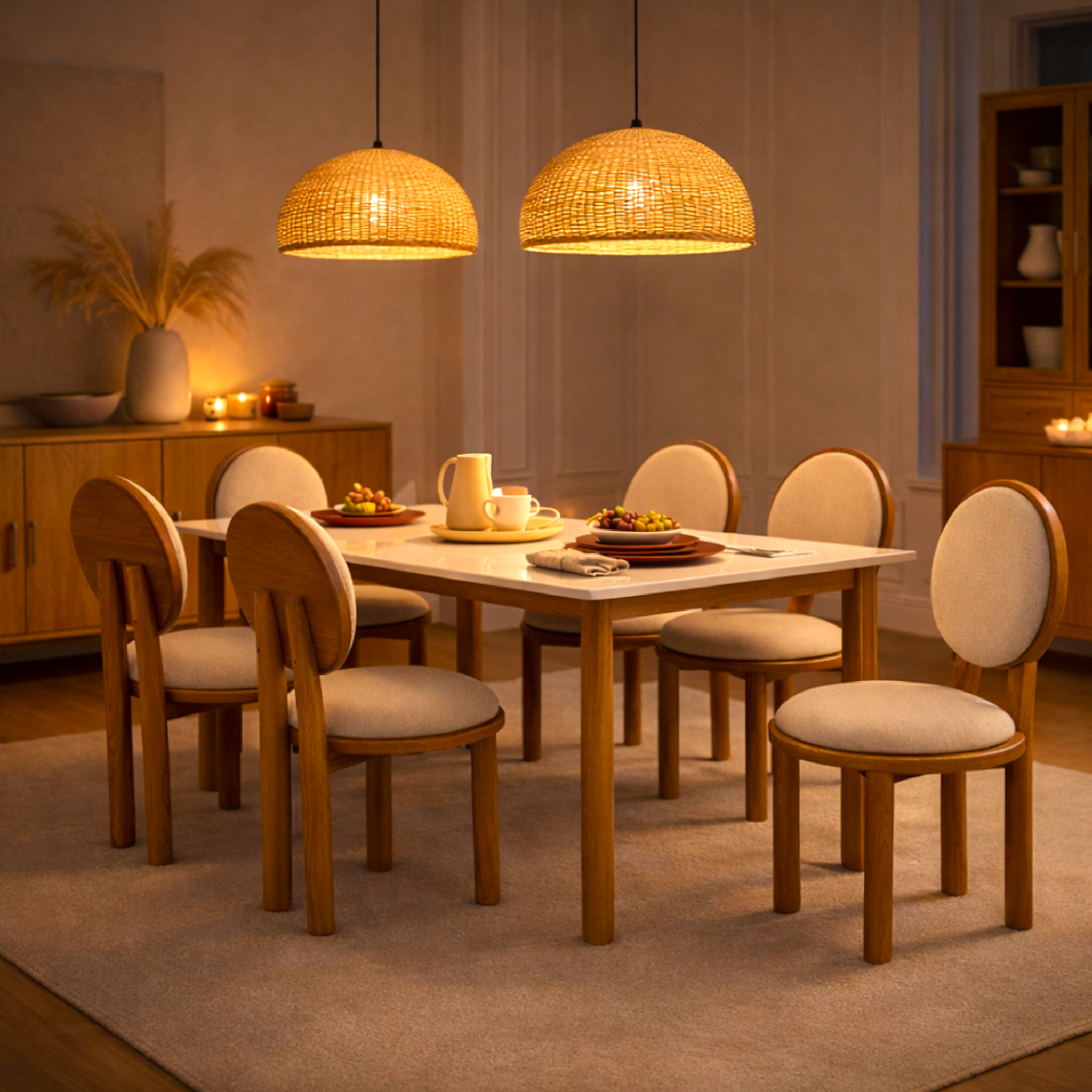 Dining room with wooden table and chairs under wicker pendant lights.