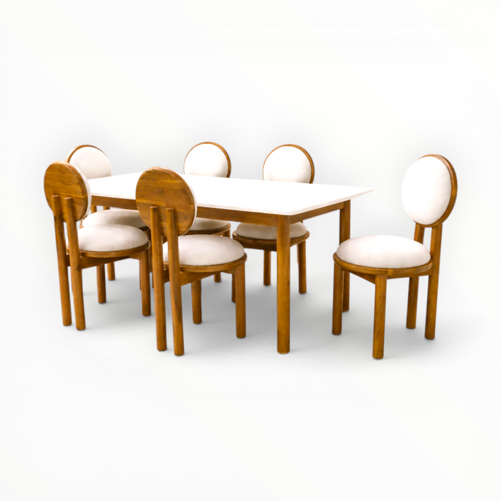 Dining table set with six chairs on a white background