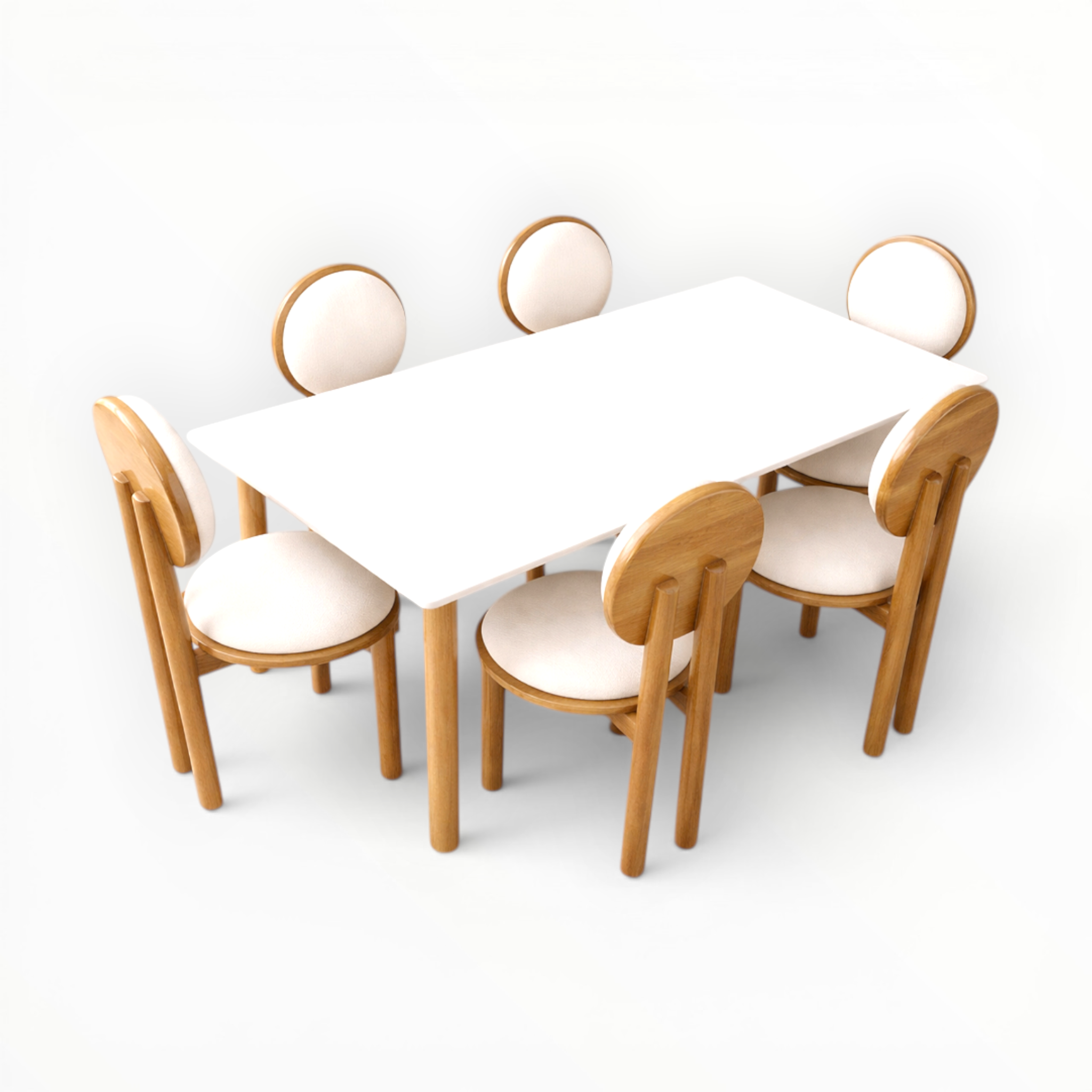 Dining table set with four chairs on a white background