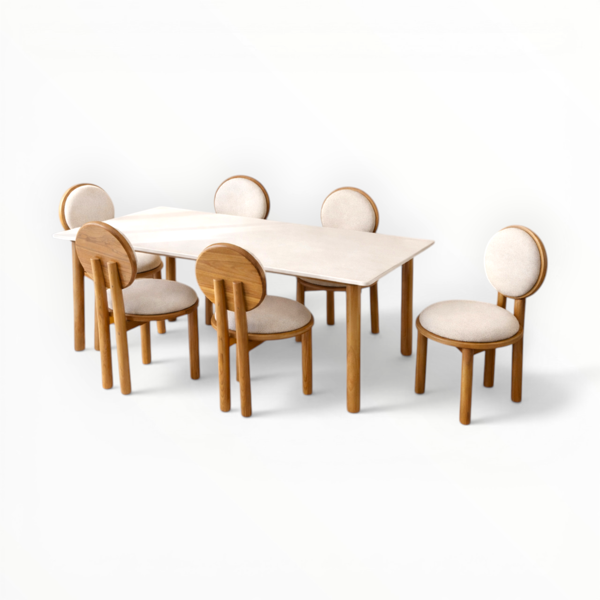 Dining table set with six chairs on a white background