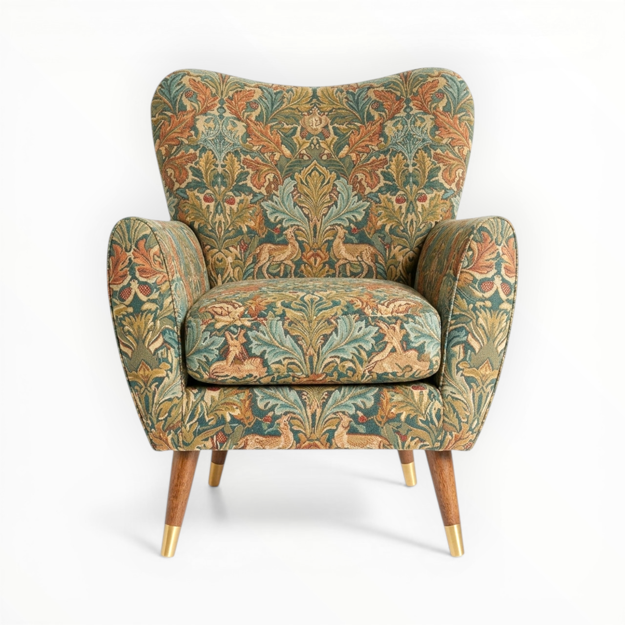 Patterned armchair with wooden legs on a white background