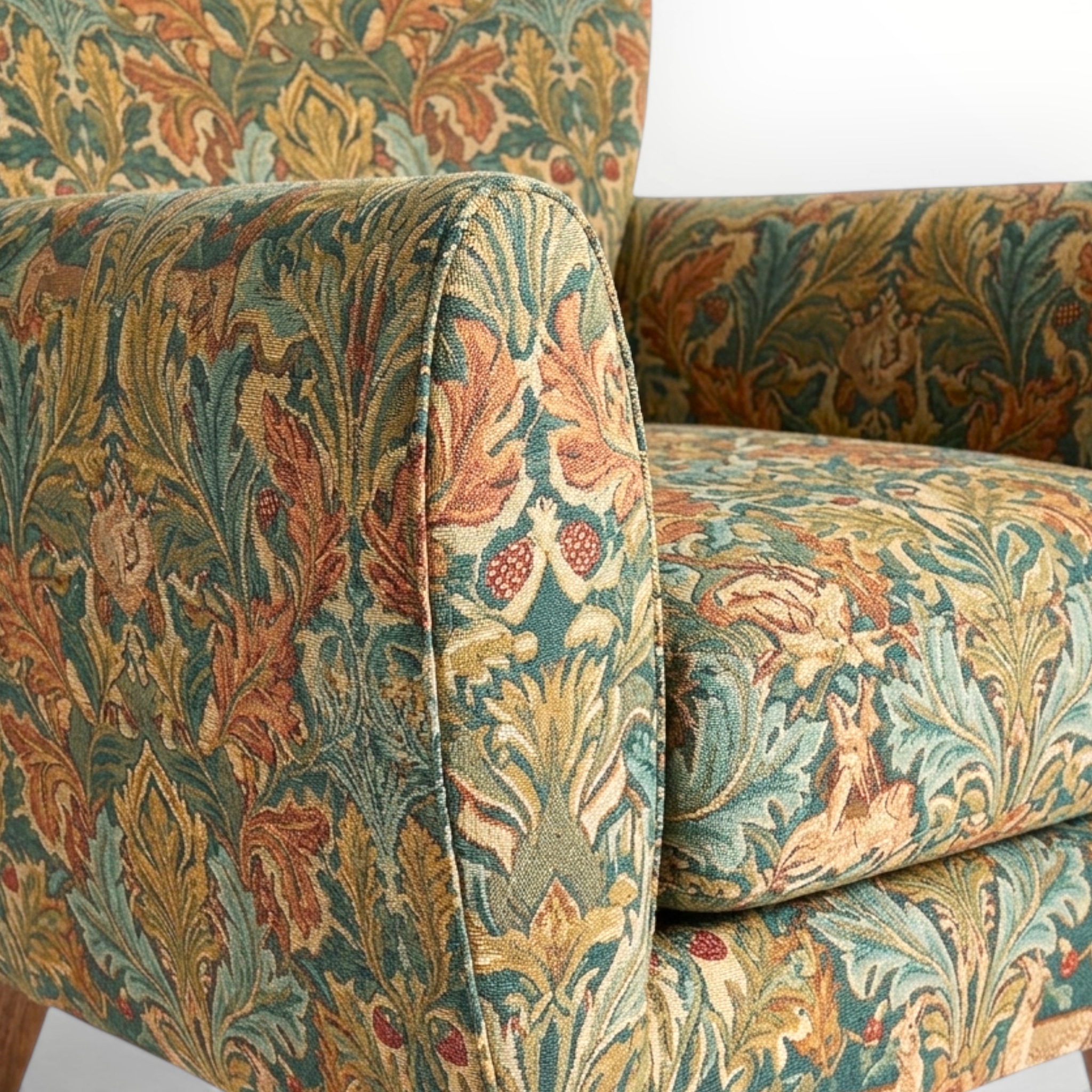 Patterned armchair with intricate design on a white background