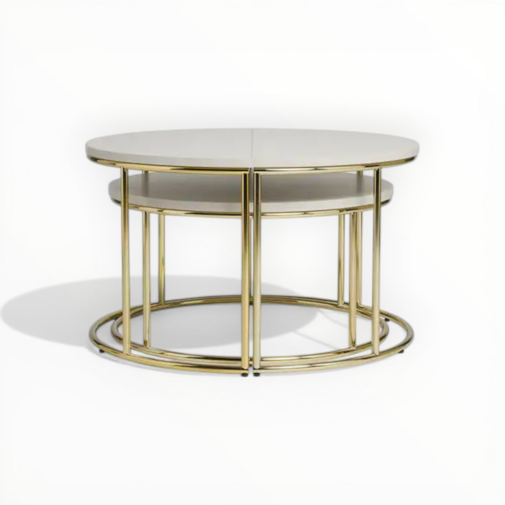Round coffee table with marble top and gold metal frame on a white background