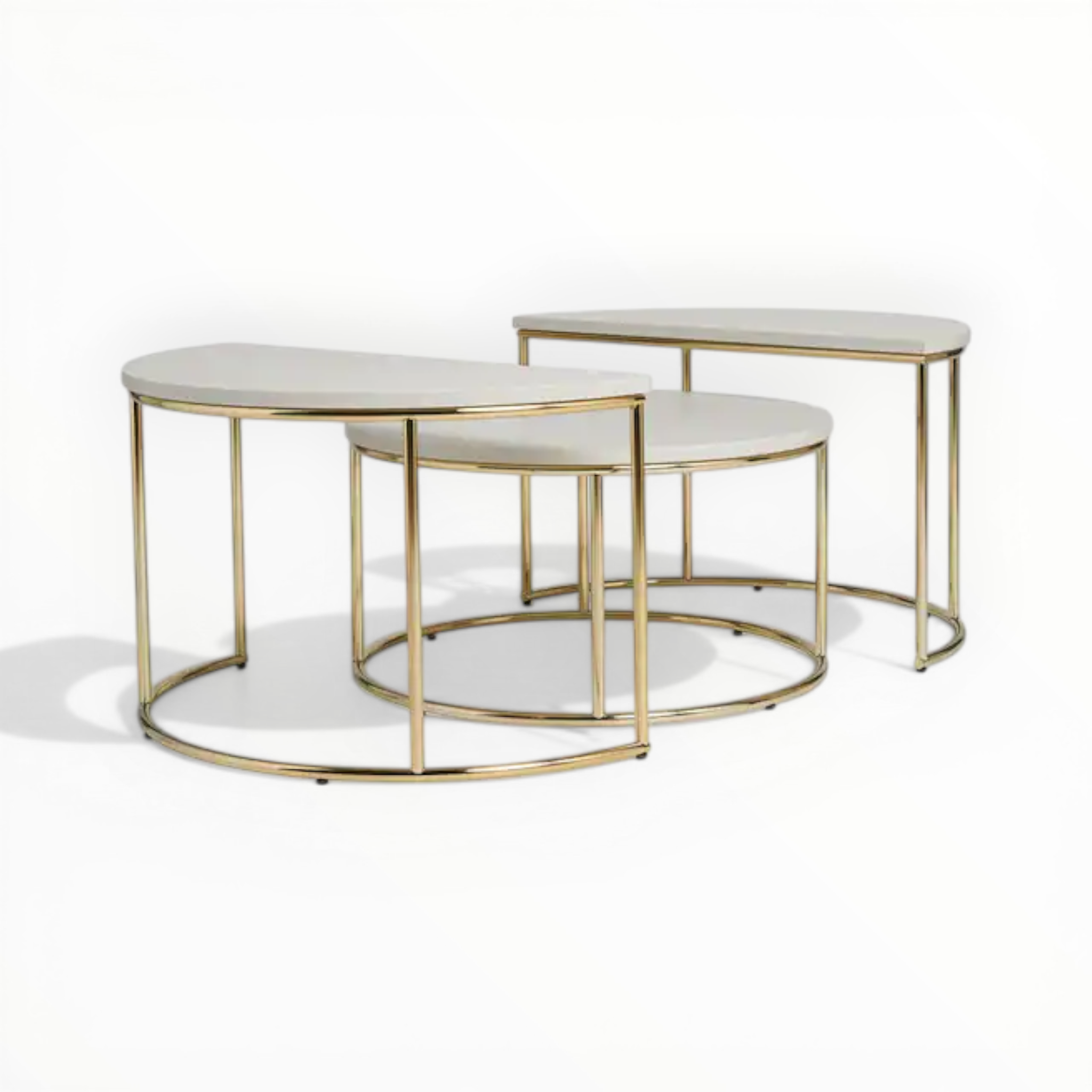 Set of three marble top tables with gold metal frames on a white background