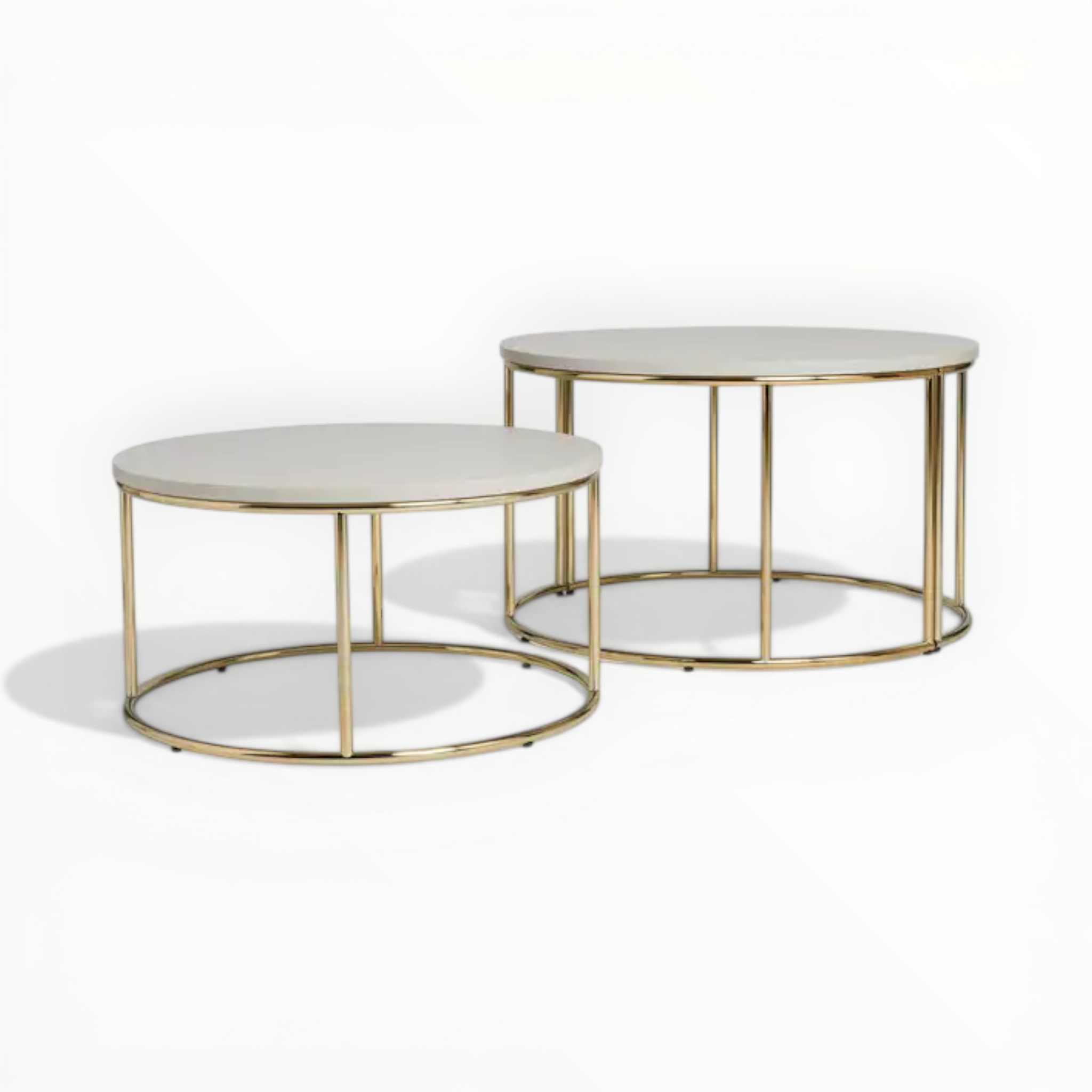 Two round coffee tables with gold frames on a white background