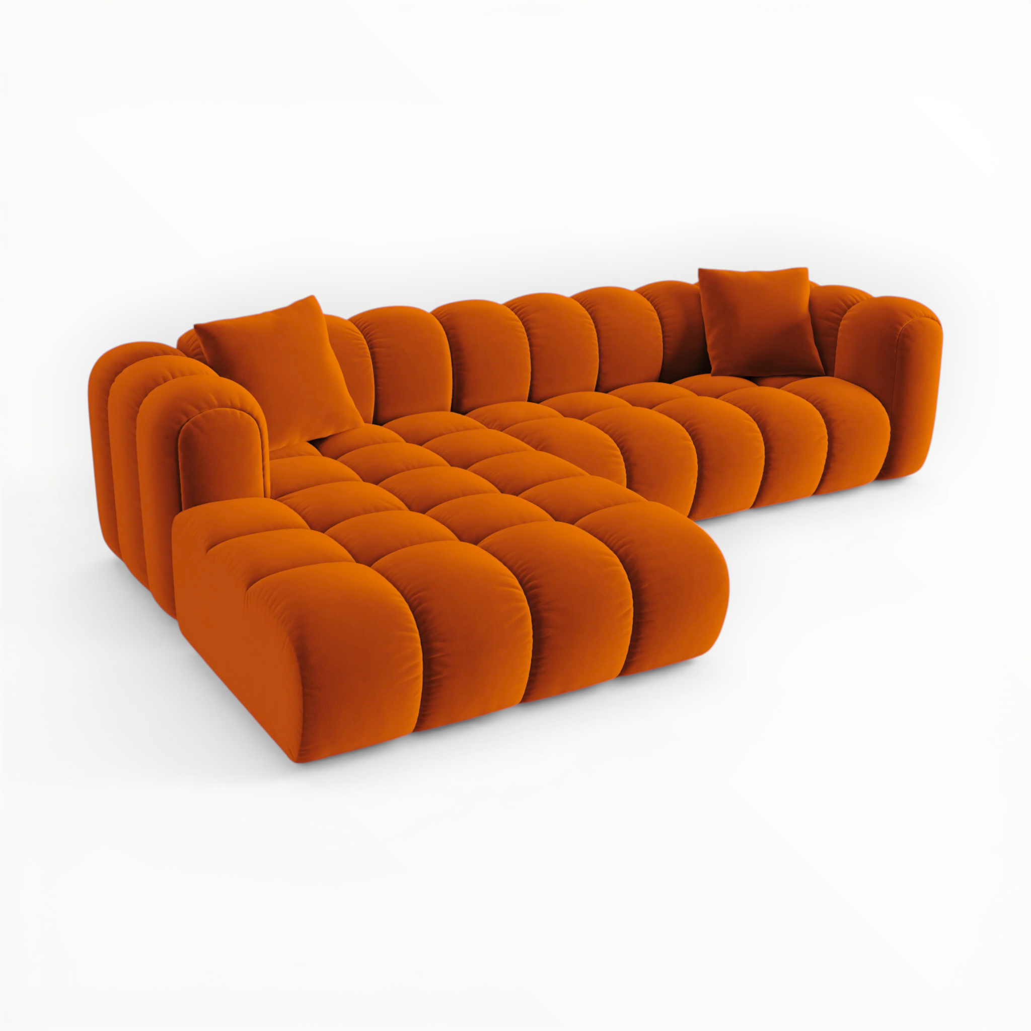 Orange tufted sofa on a white background