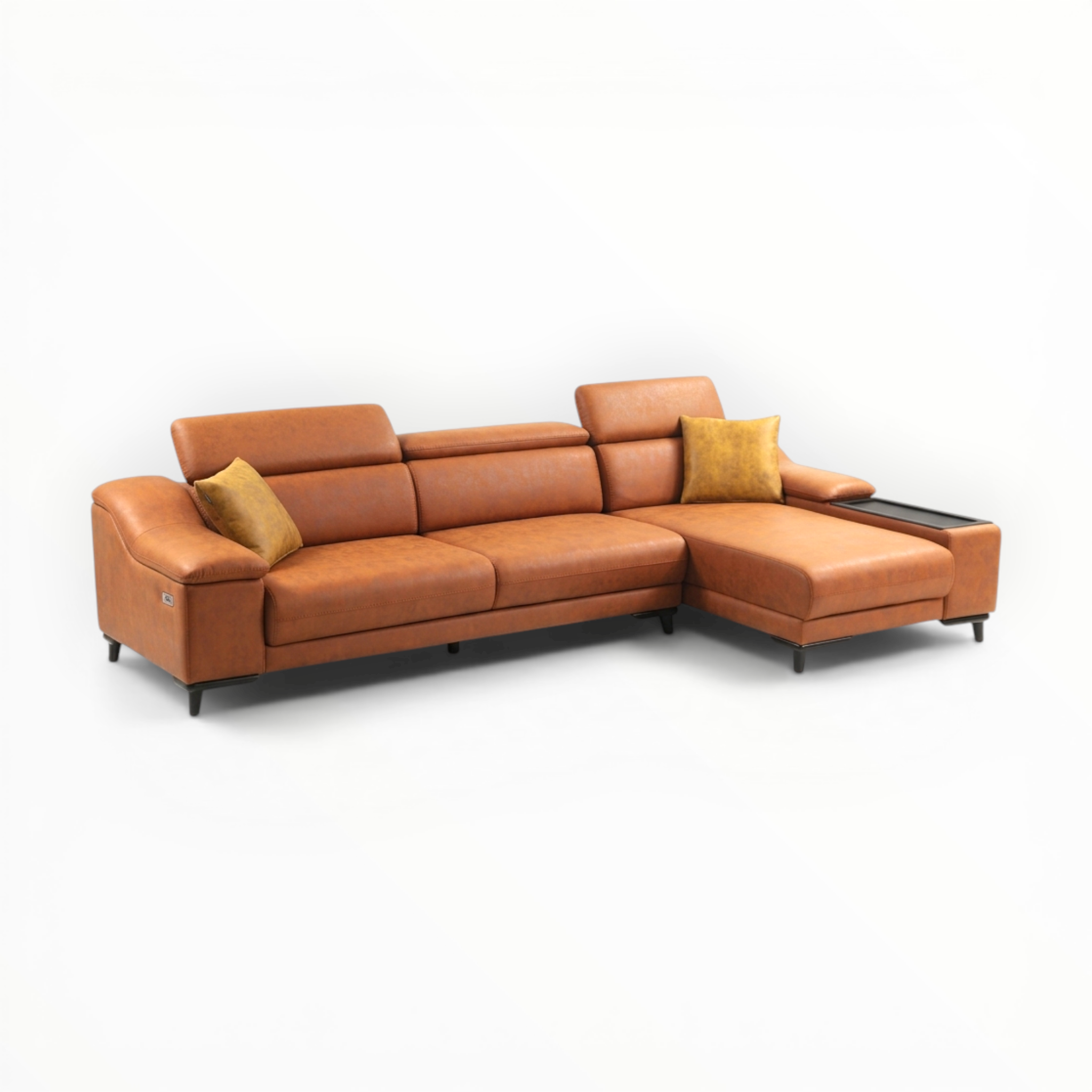 Brown leather sectional sofa with two yellow cushions on a white background
