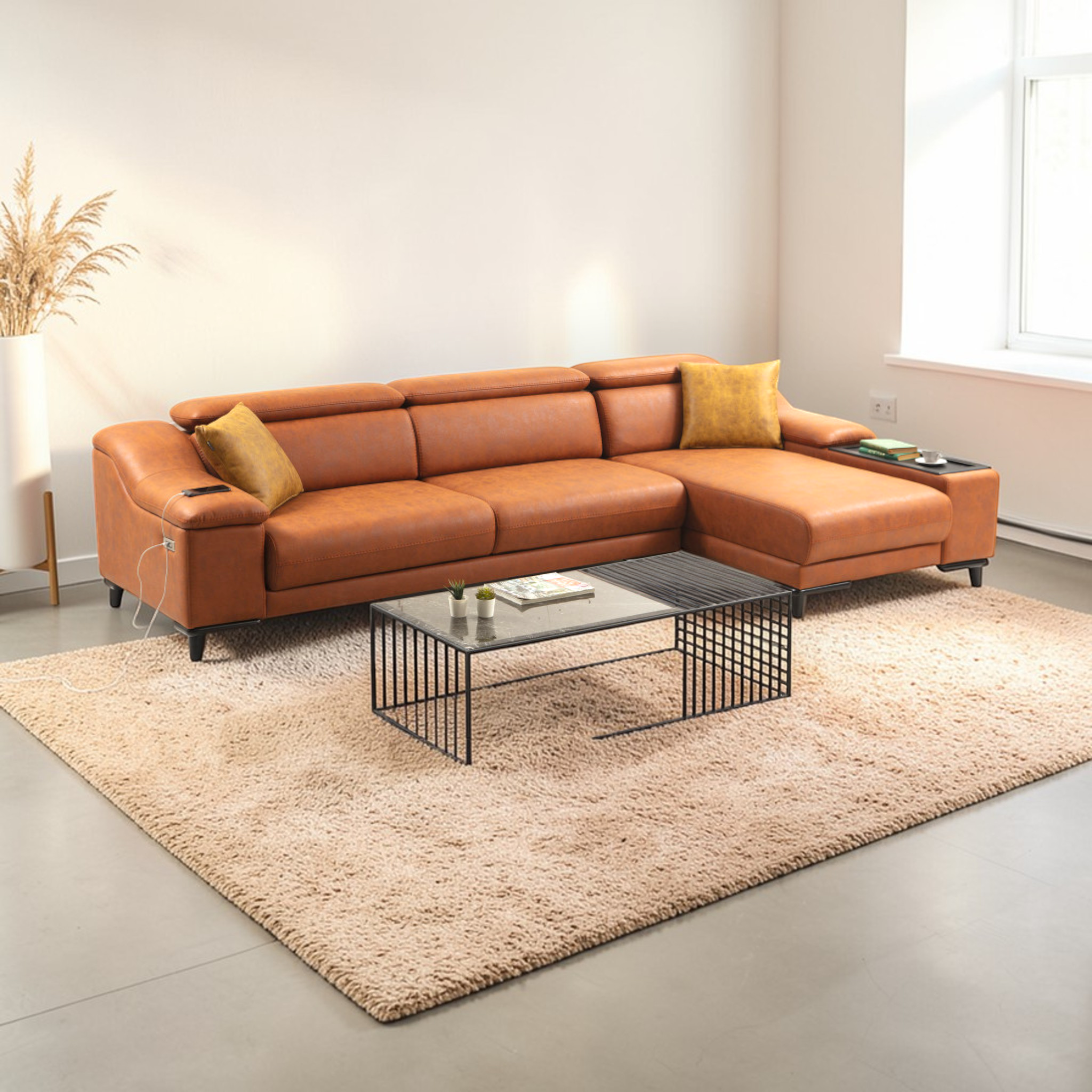 Brown leather sectional sofa in a modern living room with a coffee table and decorative items.