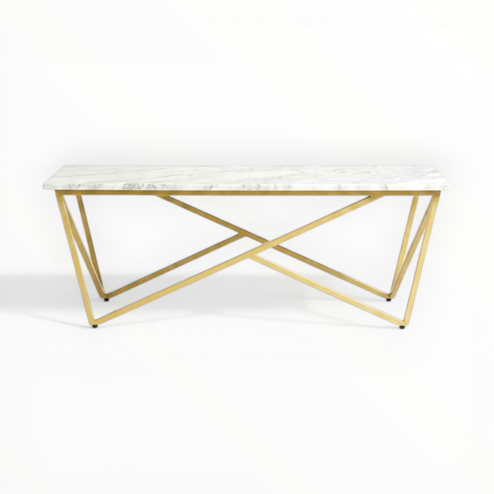 White marble top table with gold metal frame on a white background