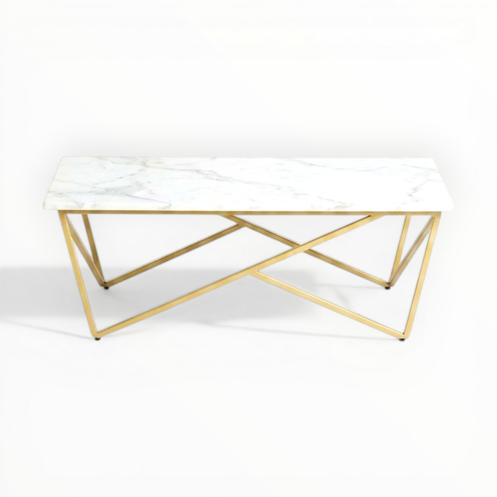 Coffee table with marble top and gold metal frame on a white background