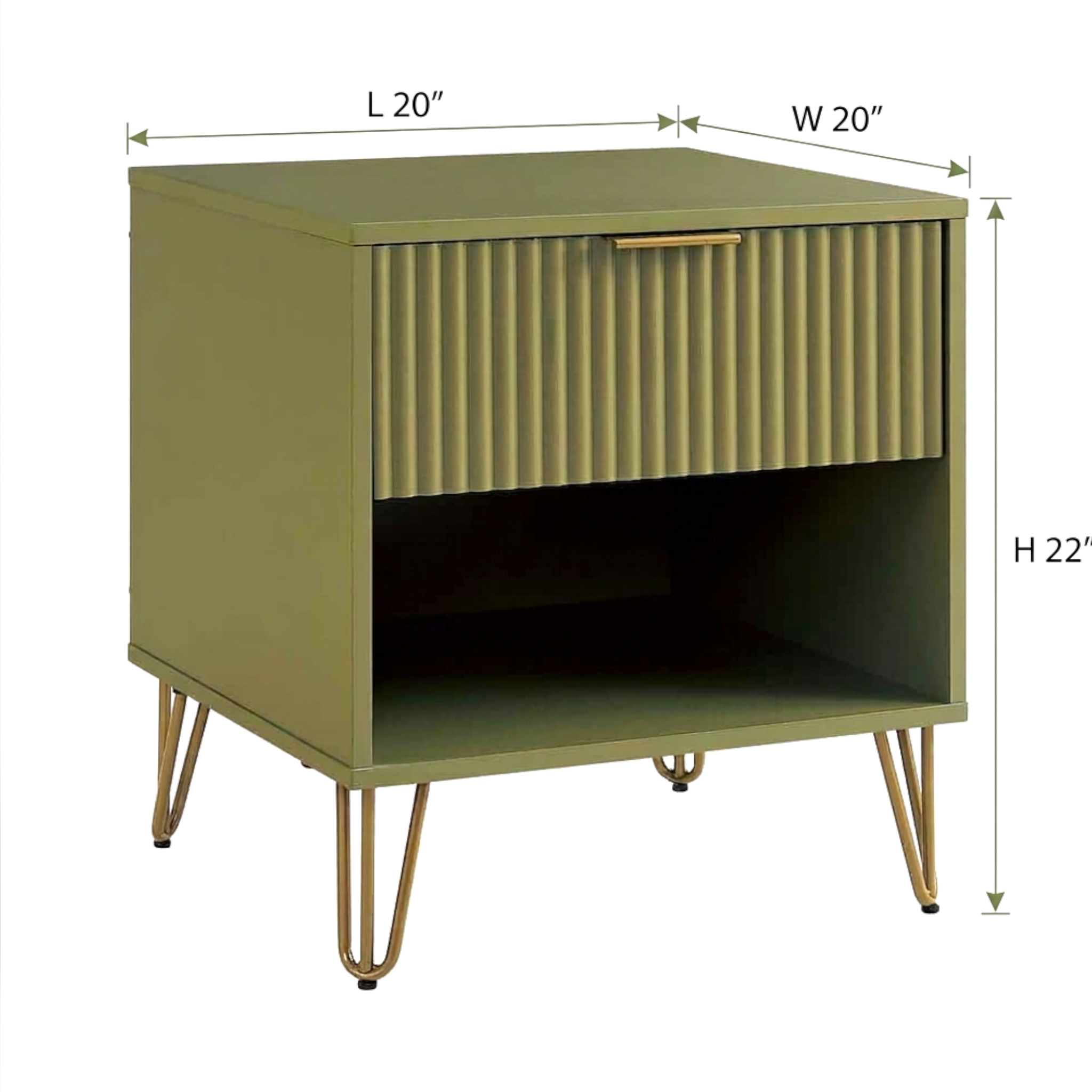 Green cabinet with dimensions labeled on a white background