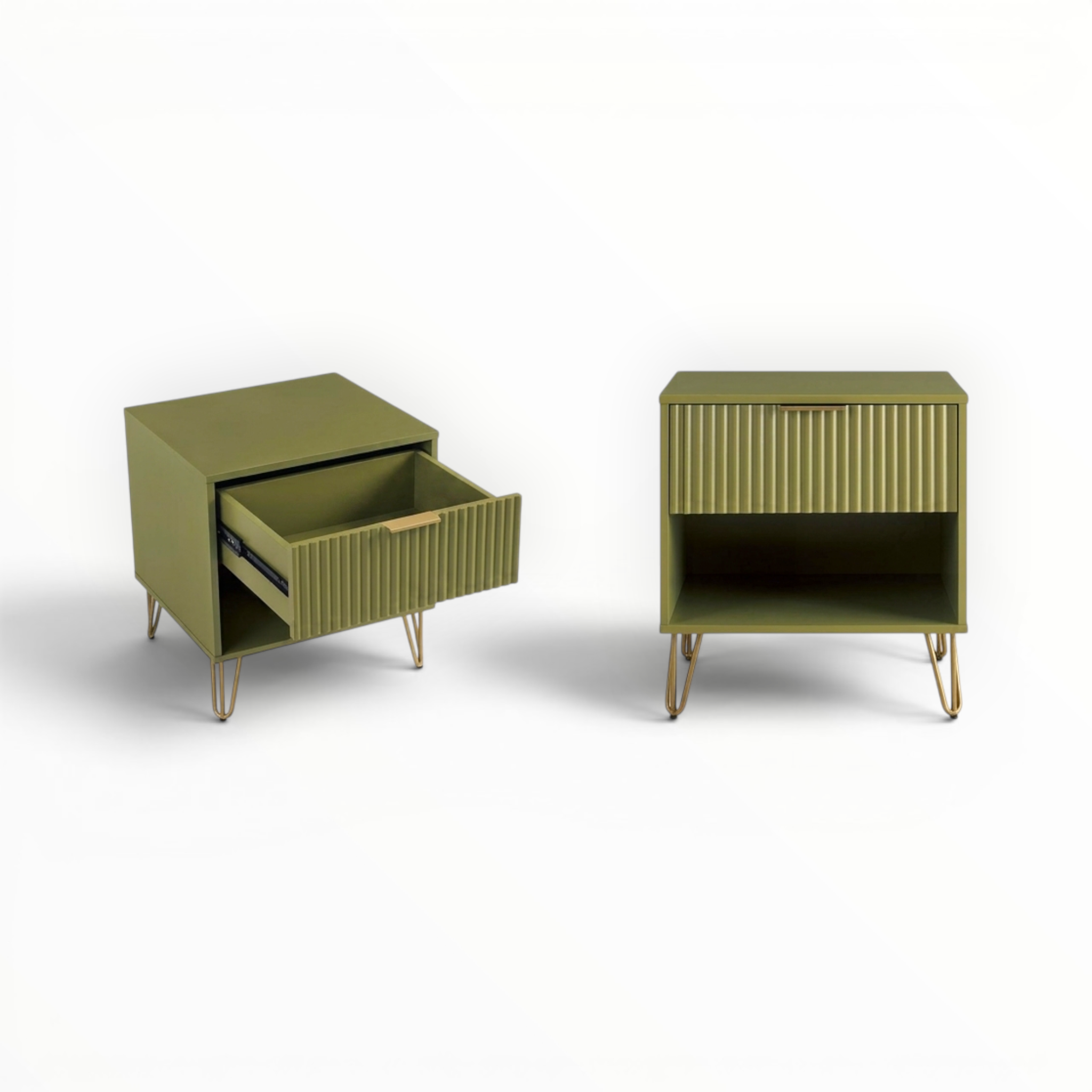 Two green nightstands with open drawer on a white background