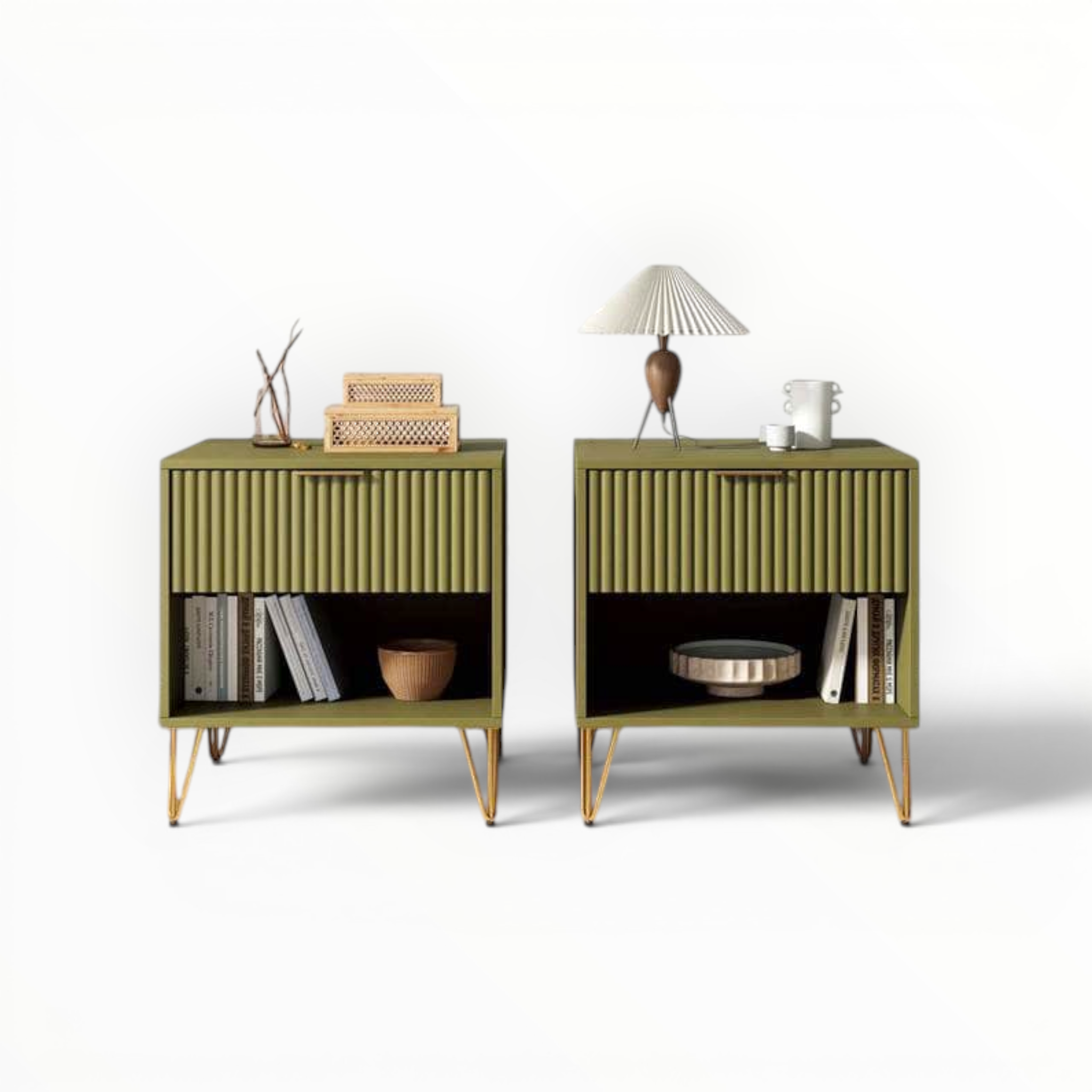 Two green nightstands with decorative items on a white background