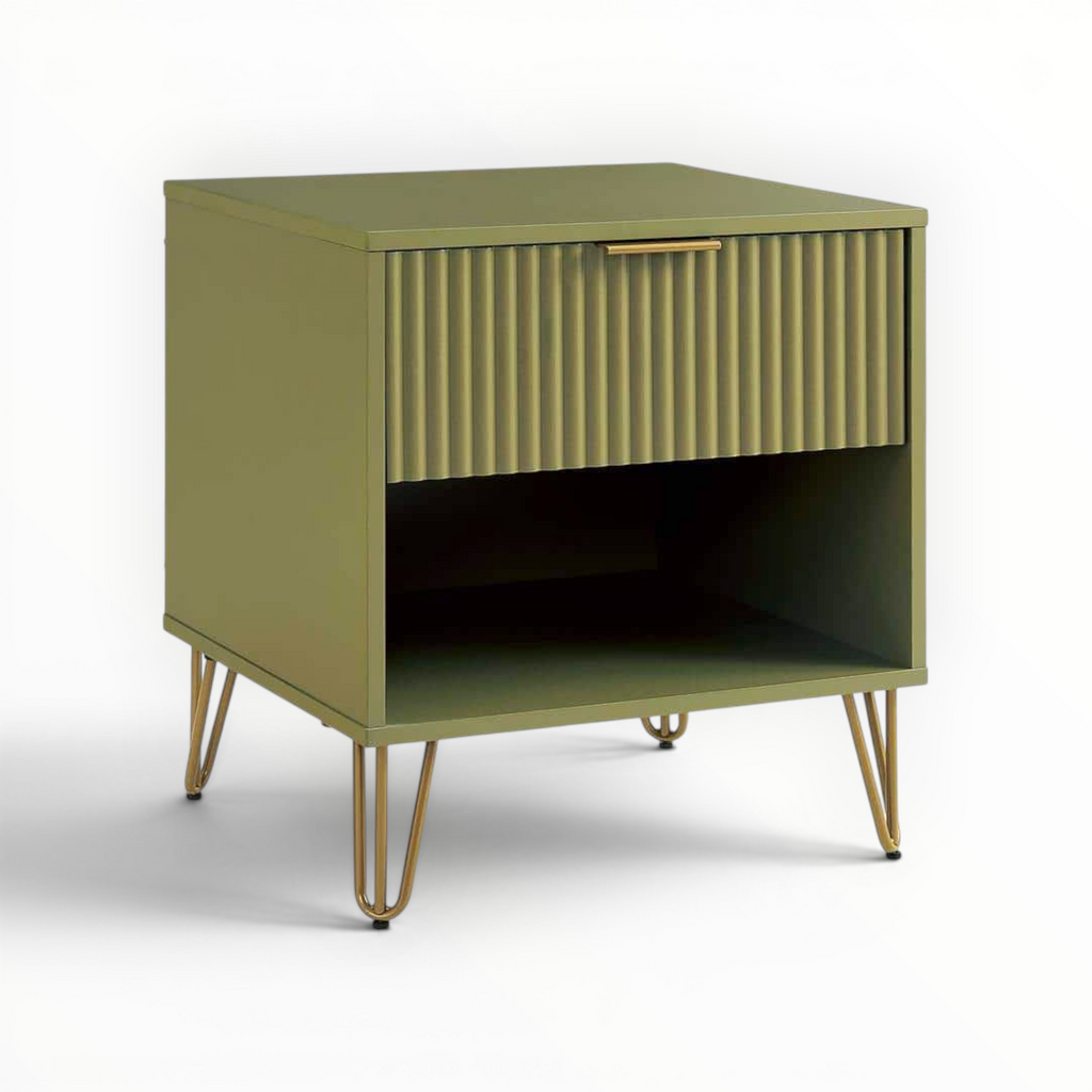 Green wooden cabinet with corrugated design on a white background