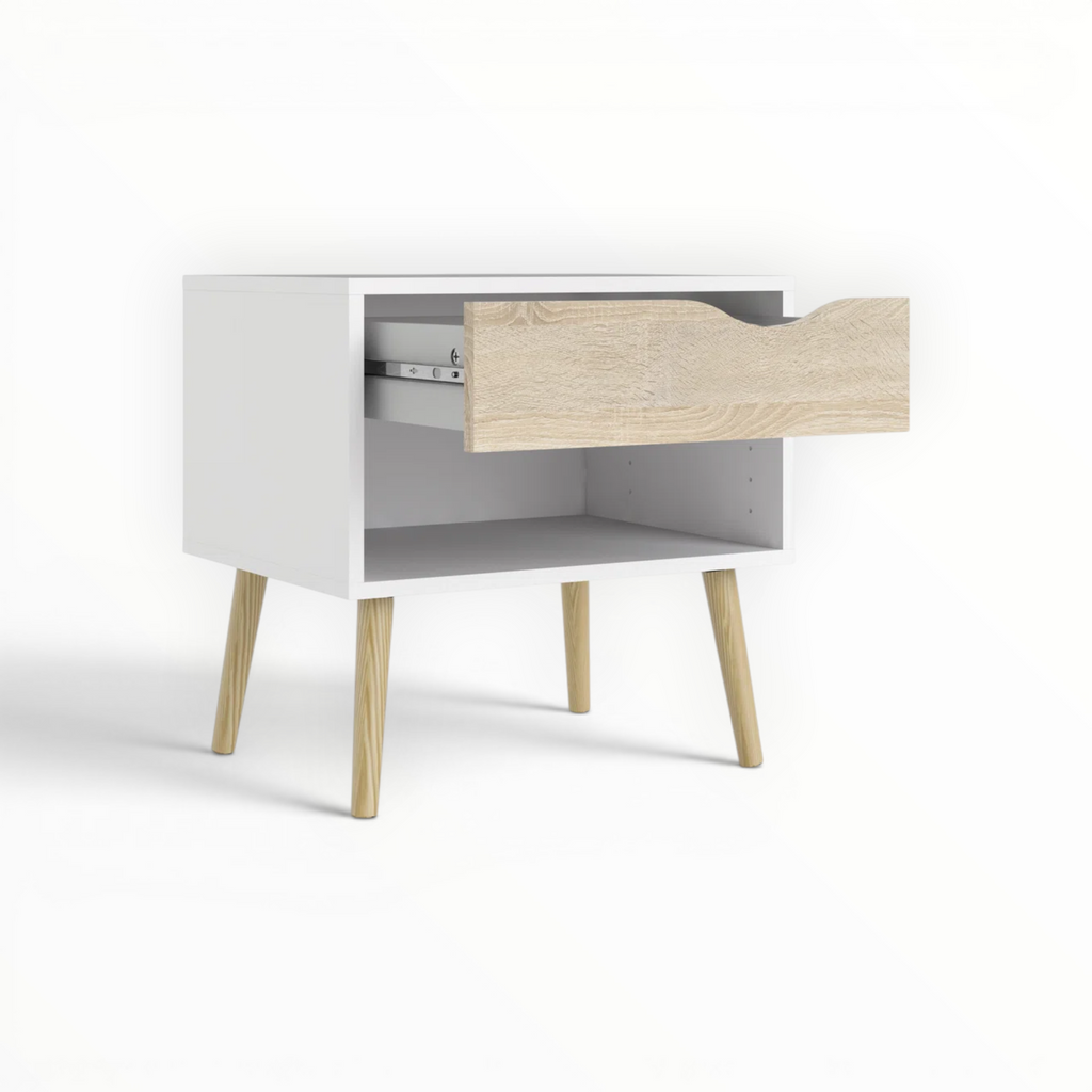 White and gray nightstand with wooden legs and drawer on a white background