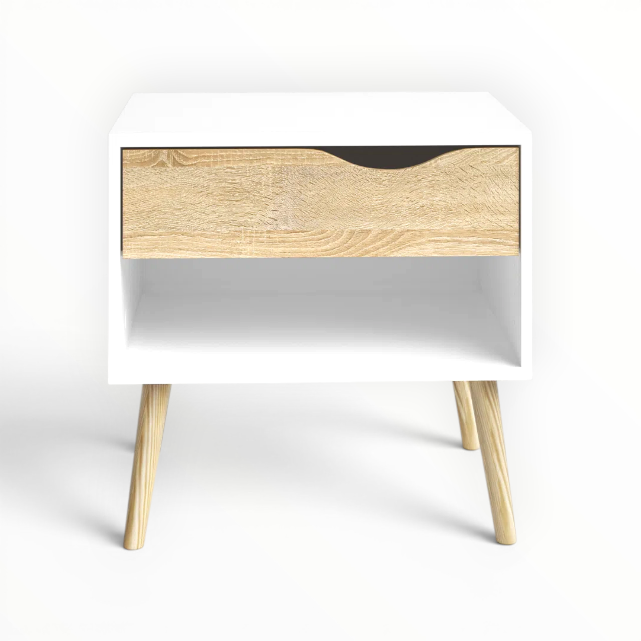 White nightstand with wooden top and legs on a white background