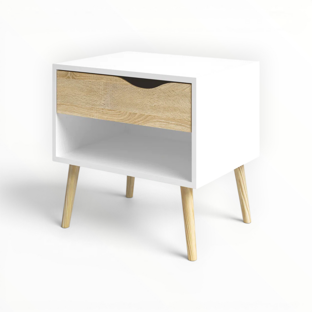 White nightstand with a wooden drawer and legs on a white background