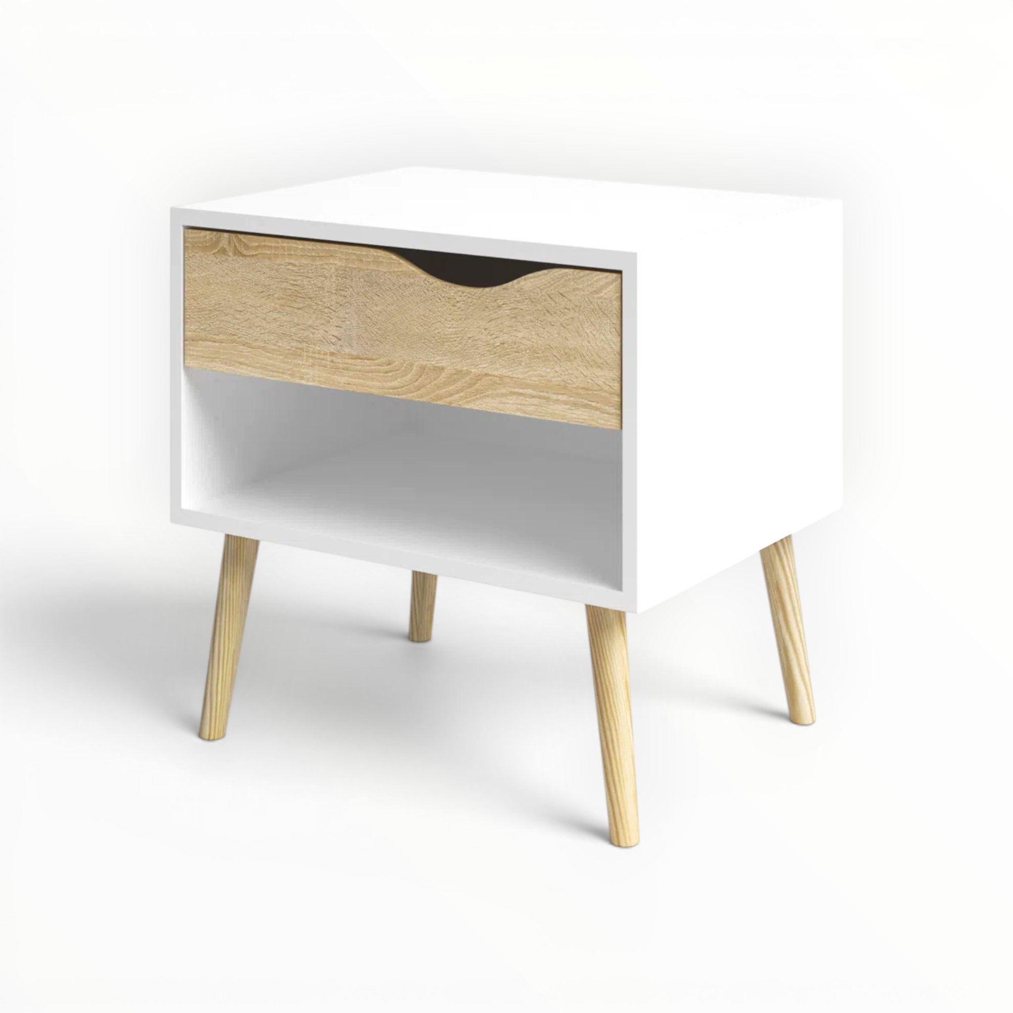 White nightstand with a wooden drawer and legs on a white background
