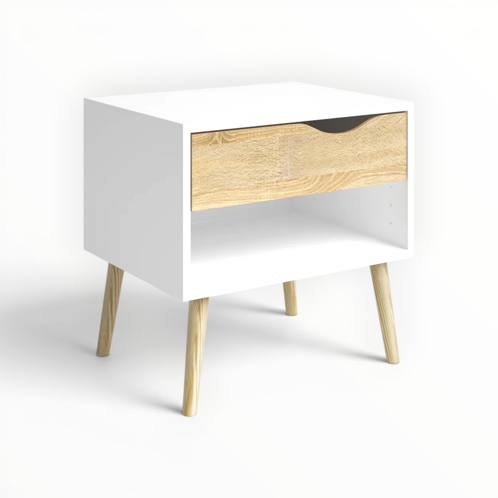 White side table with wooden legs and a drawer on a white background
