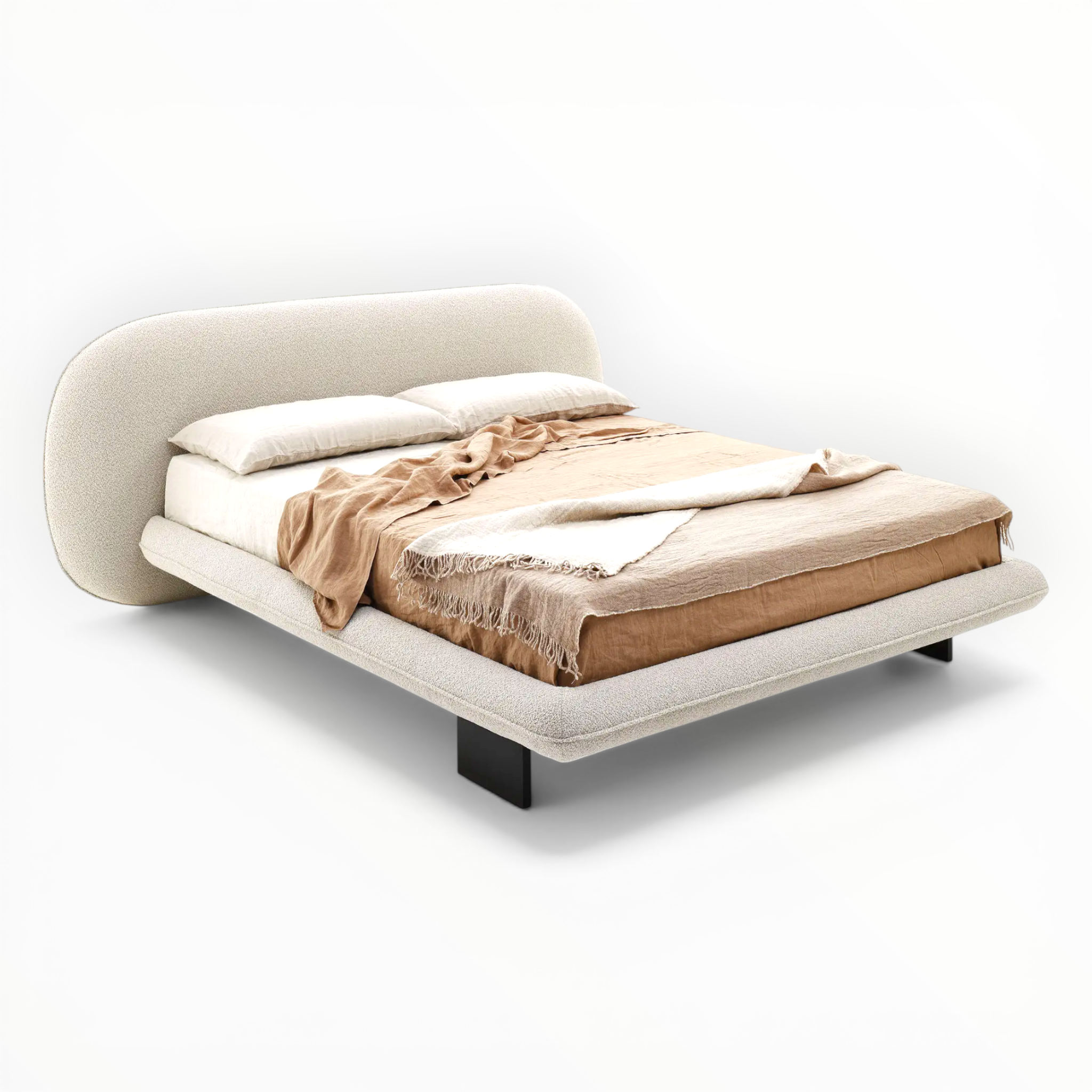Beige bed with brown blanket on a white background