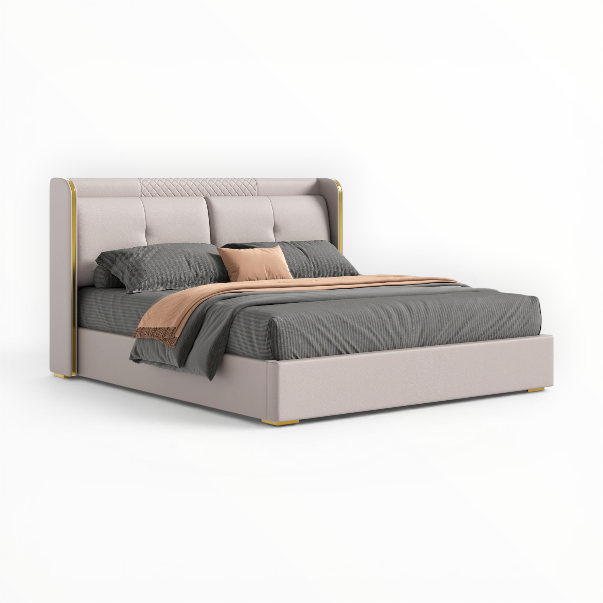Modern bed with beige headboard and bedding on a white background