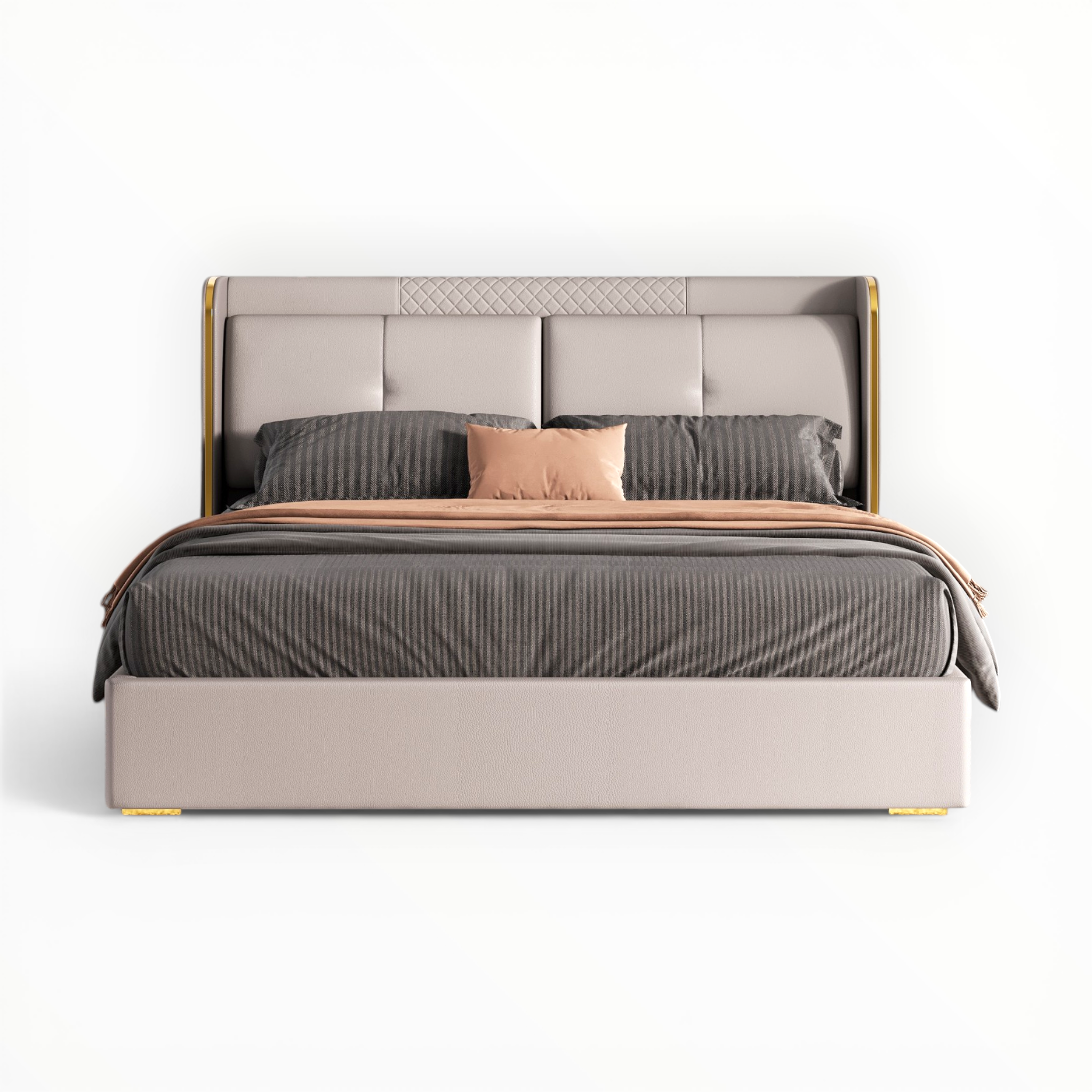 Beige upholstered bed with gray bedding and a pillow on a white background