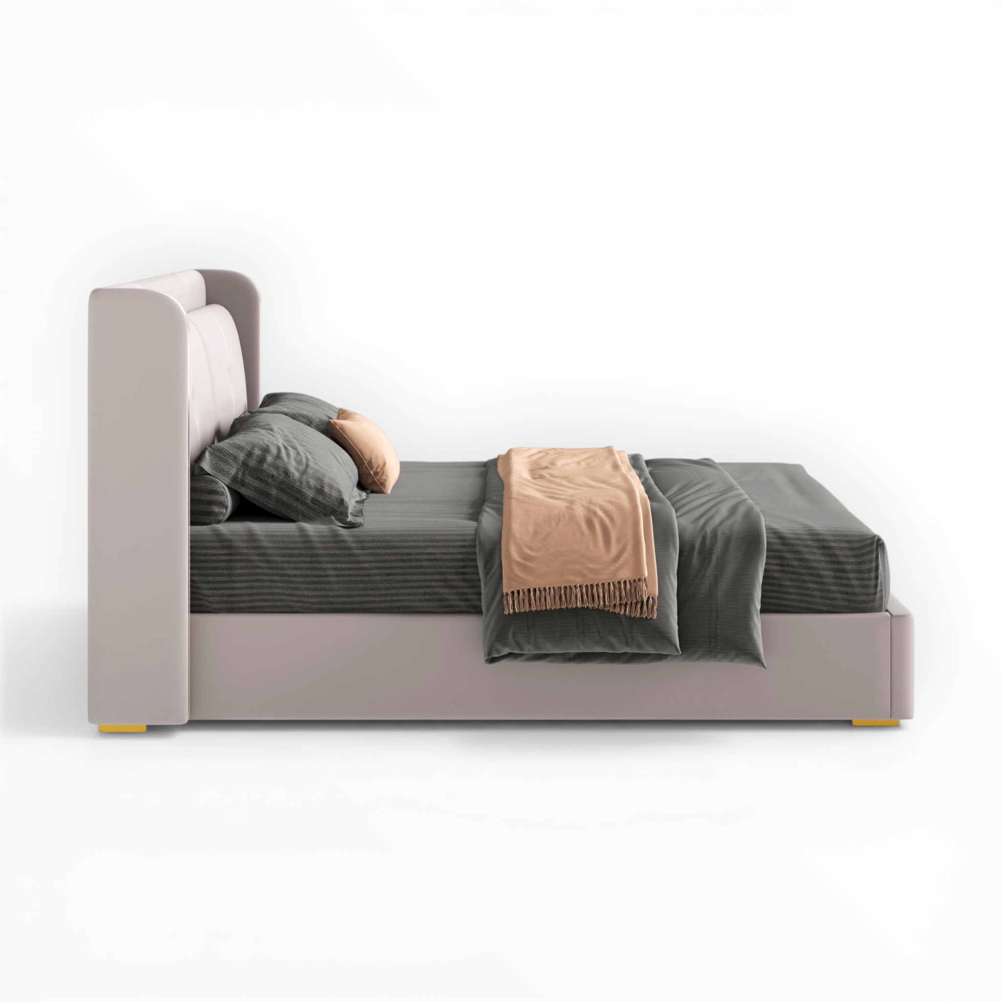 Gray upholstered bed with bedding and pillows on a white background