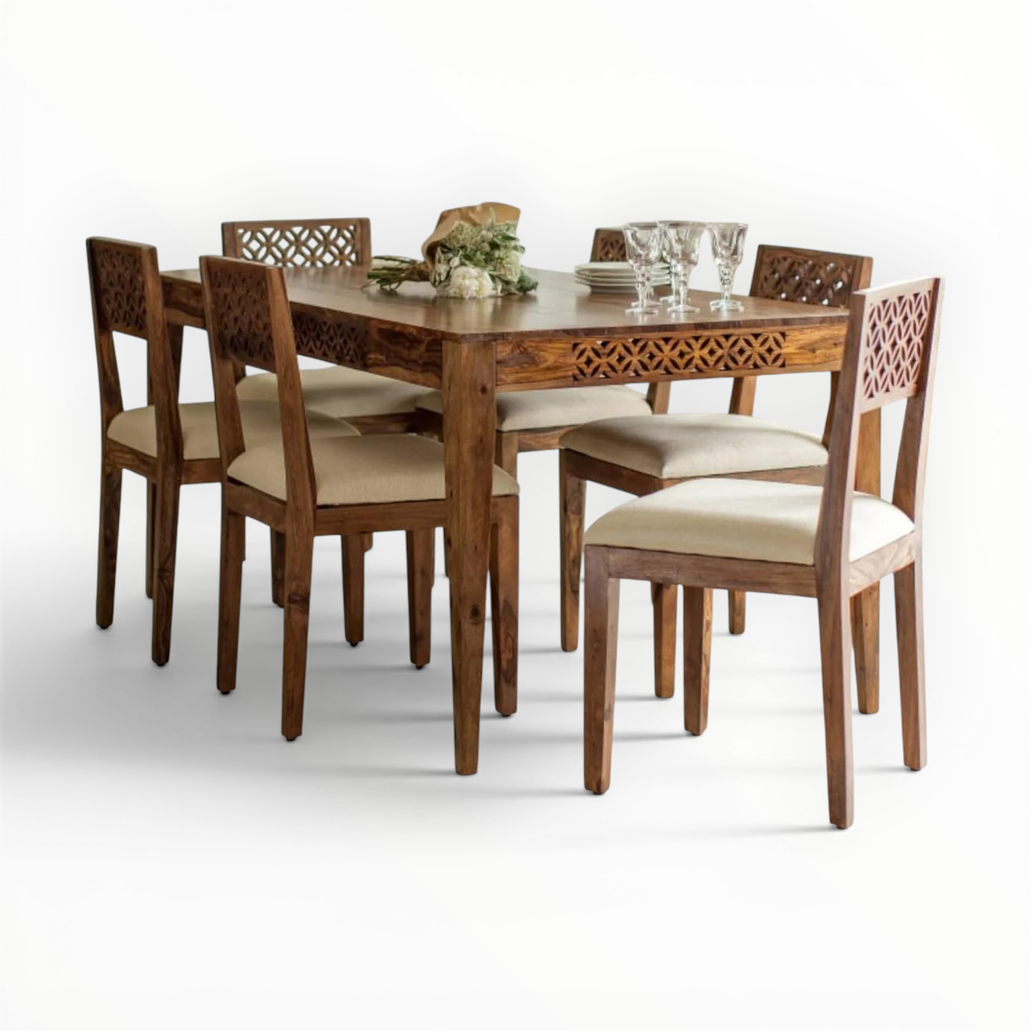 Wooden dining table set with six chairs on a white background