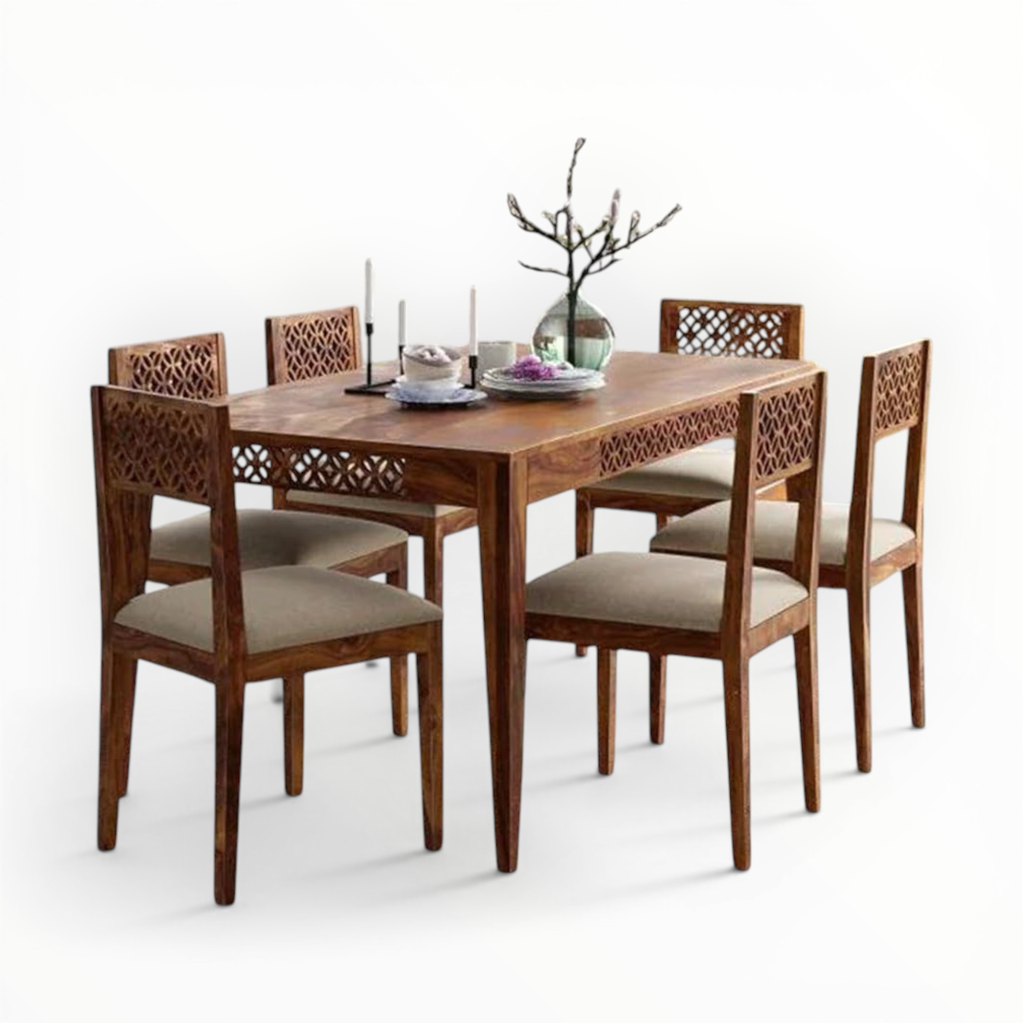Wooden dining table set with six chairs on a white background