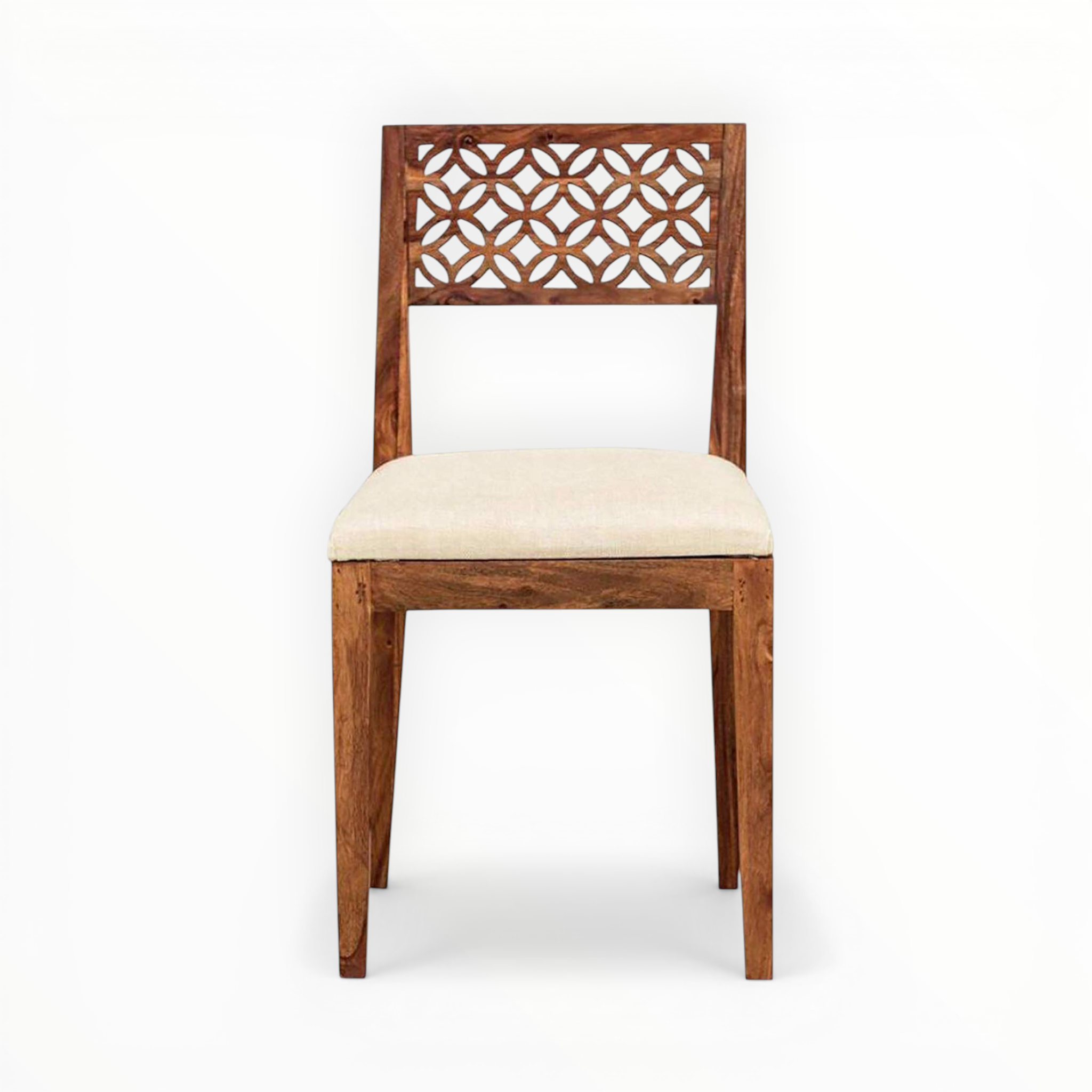 Wooden chair with decorative backrest and beige cushion on a white background